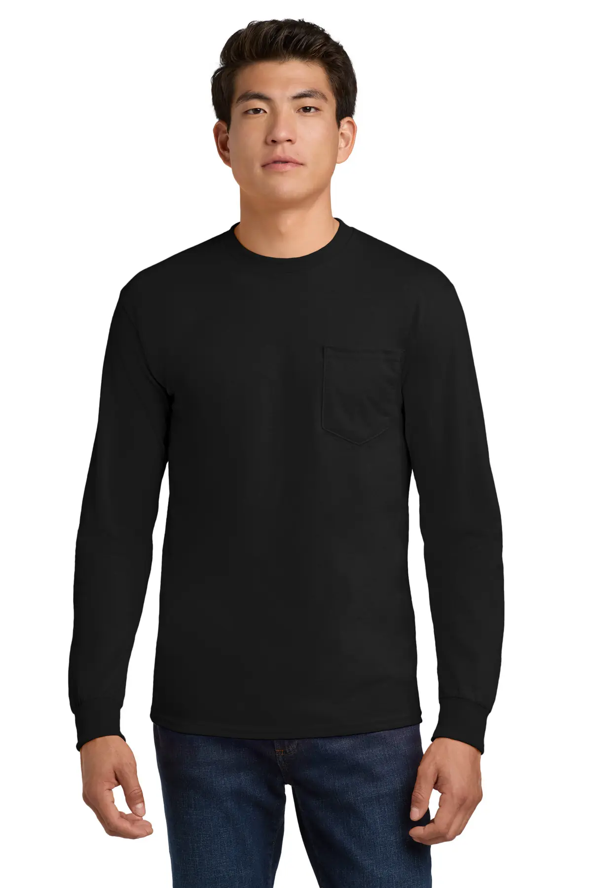 Gildan - Ultra Cotton 100% US Cotton Long Sleeve T-Shirt with Pocket. in Black