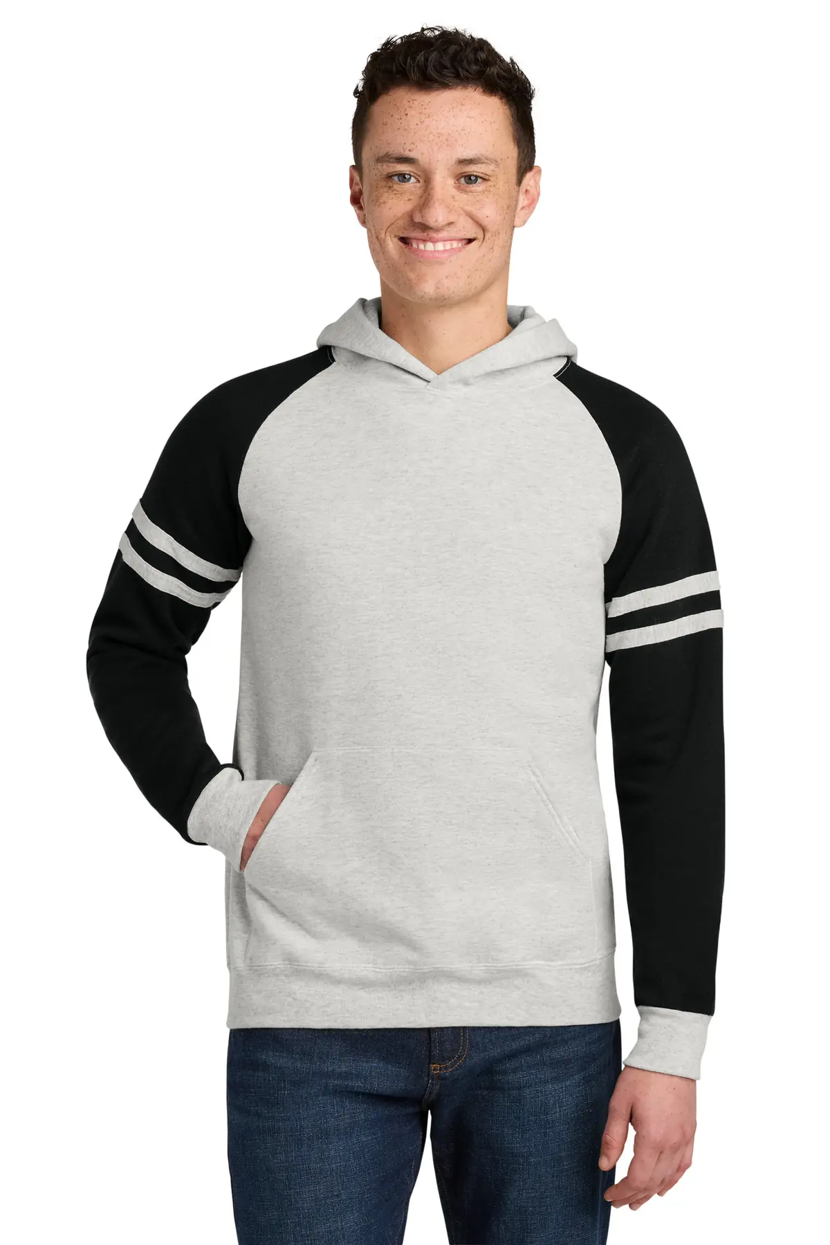 Jerzees Unisex NuBlend Varsity Colorblock Hooded Sweatshirt in Oatmeal Heather/ Black Ink