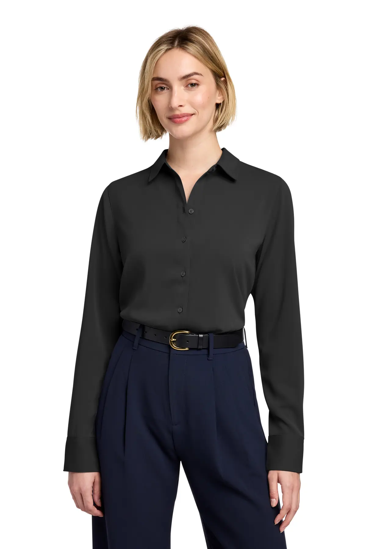 Brooks Brothers Women's Full-Button Satin Blouse in Deep Black