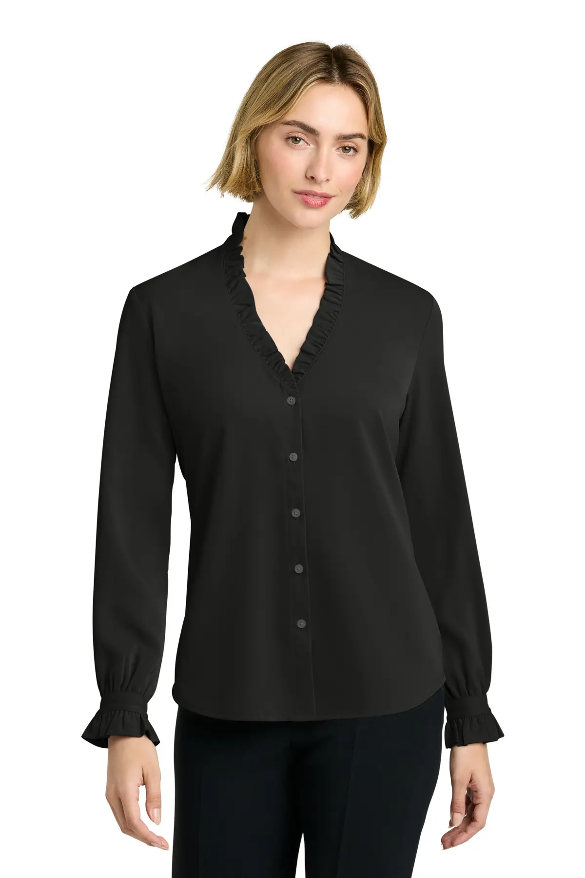 Brooks Brothers Women's Long Sleeve Ruffle Collar Blouse in Deep Black