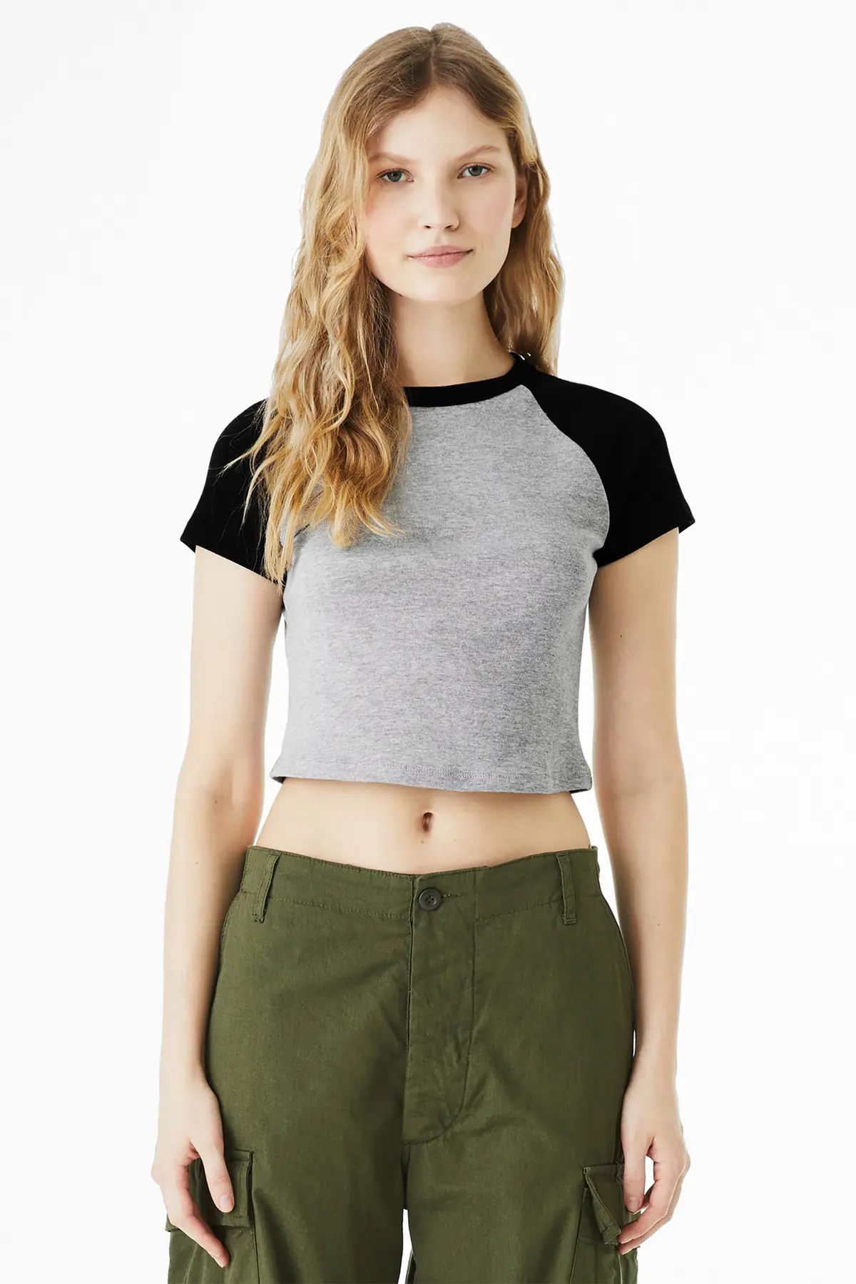 Bella + Canvas BELLA+CANVAS Women's Micro Rib Raglan Baby Tee in Athletic Heather/ Black