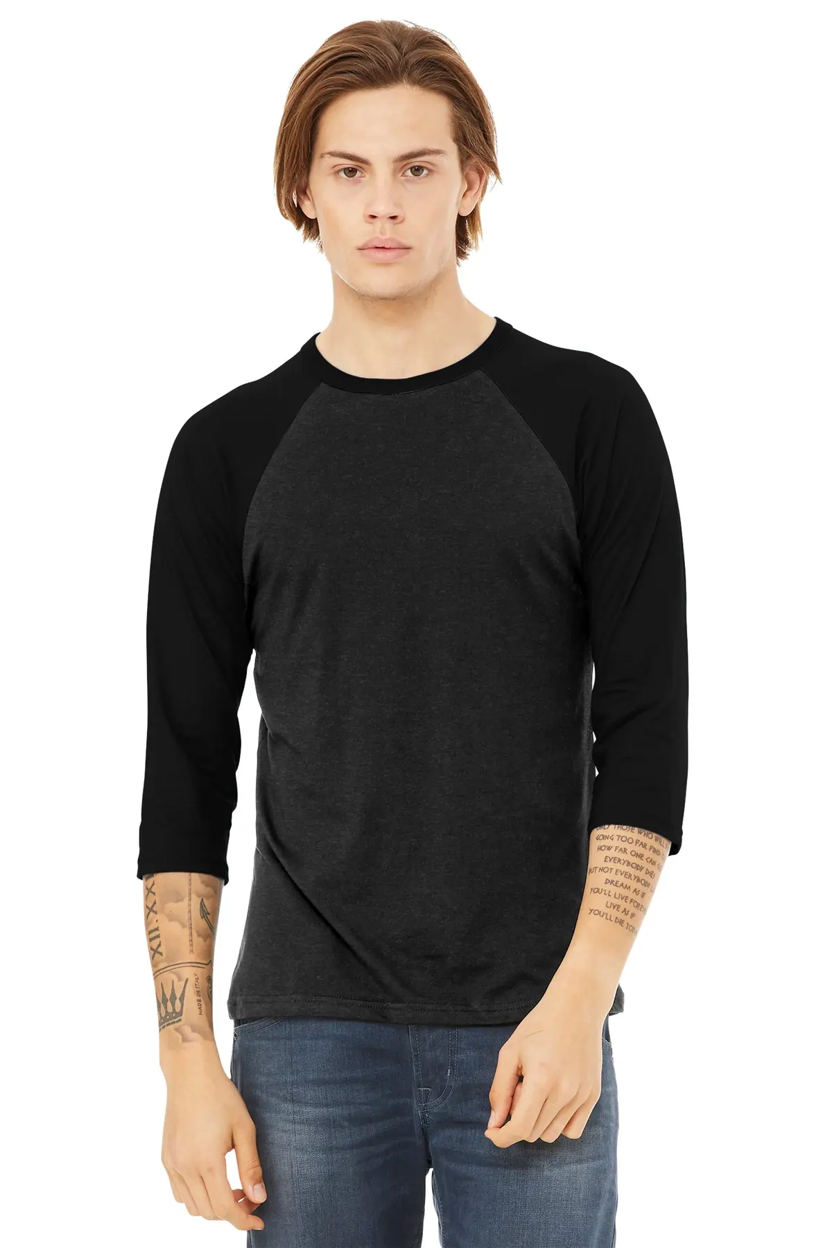 Bella + Canvas BELLA+CANVAS Unisex 3/4-Sleeve Baseball Tee. in Black Heather/ Black