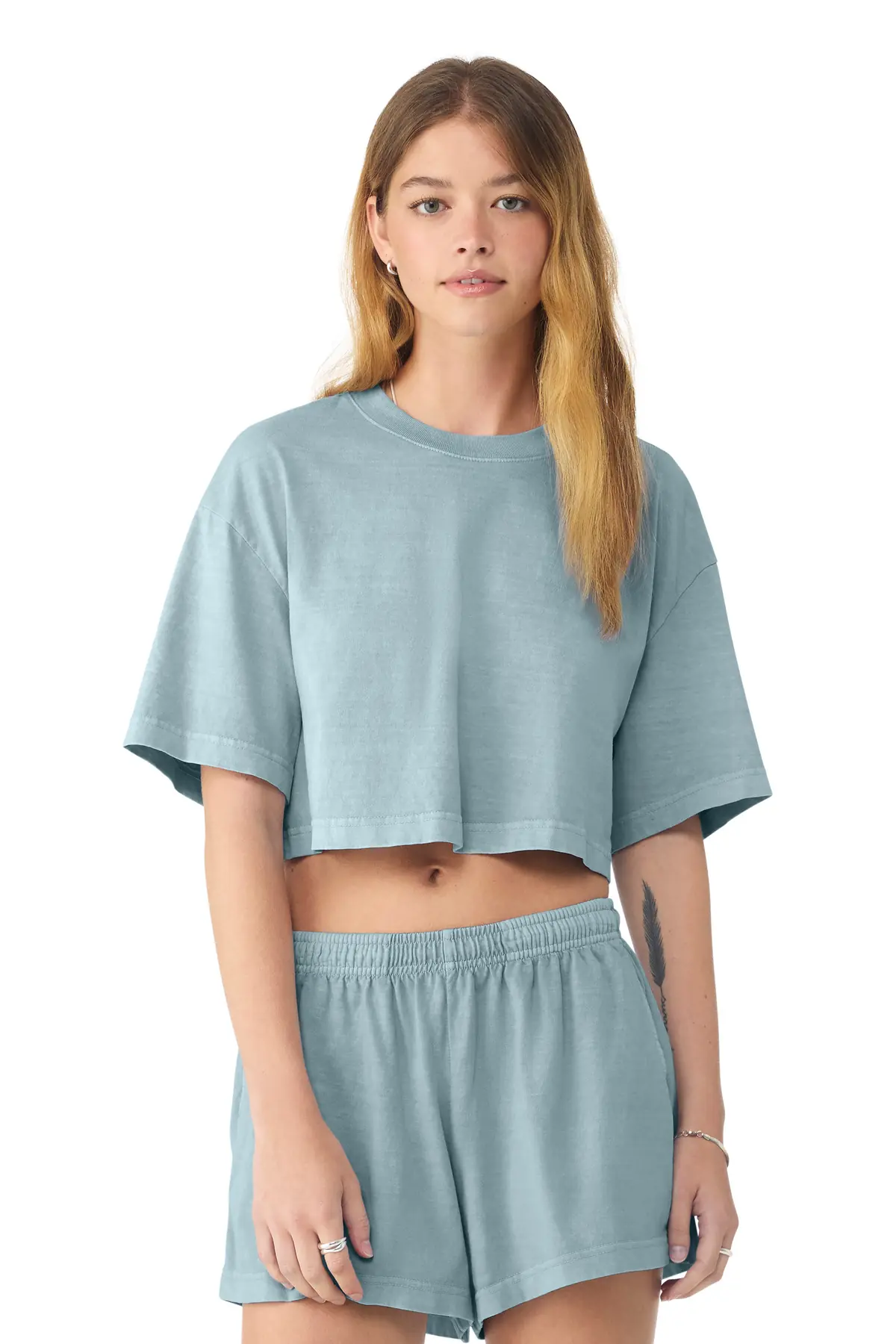 Bella + Canvas BELLA+CANVAS Women's Heavyweight Garment-Dyed Cropped Tee in Light Washed Denim