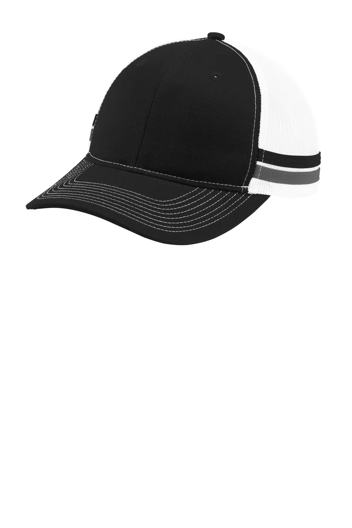 Port Authority Two-Stripe Snapback Trucker Cap. in Black/ Grey Steel/ White