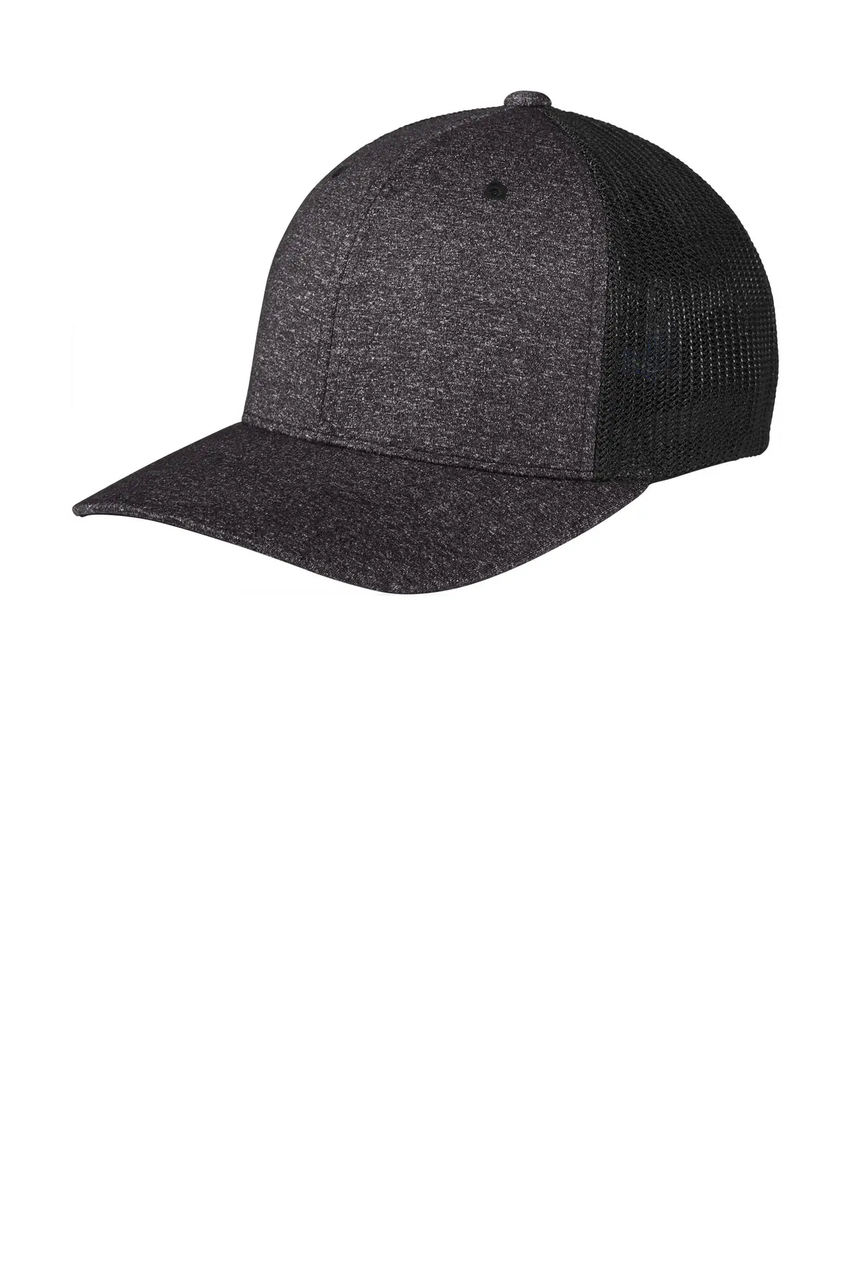 Port Authority Flexfit Melange Mesh Back Trucker Cap in Black/ Dark Charcoal Heather