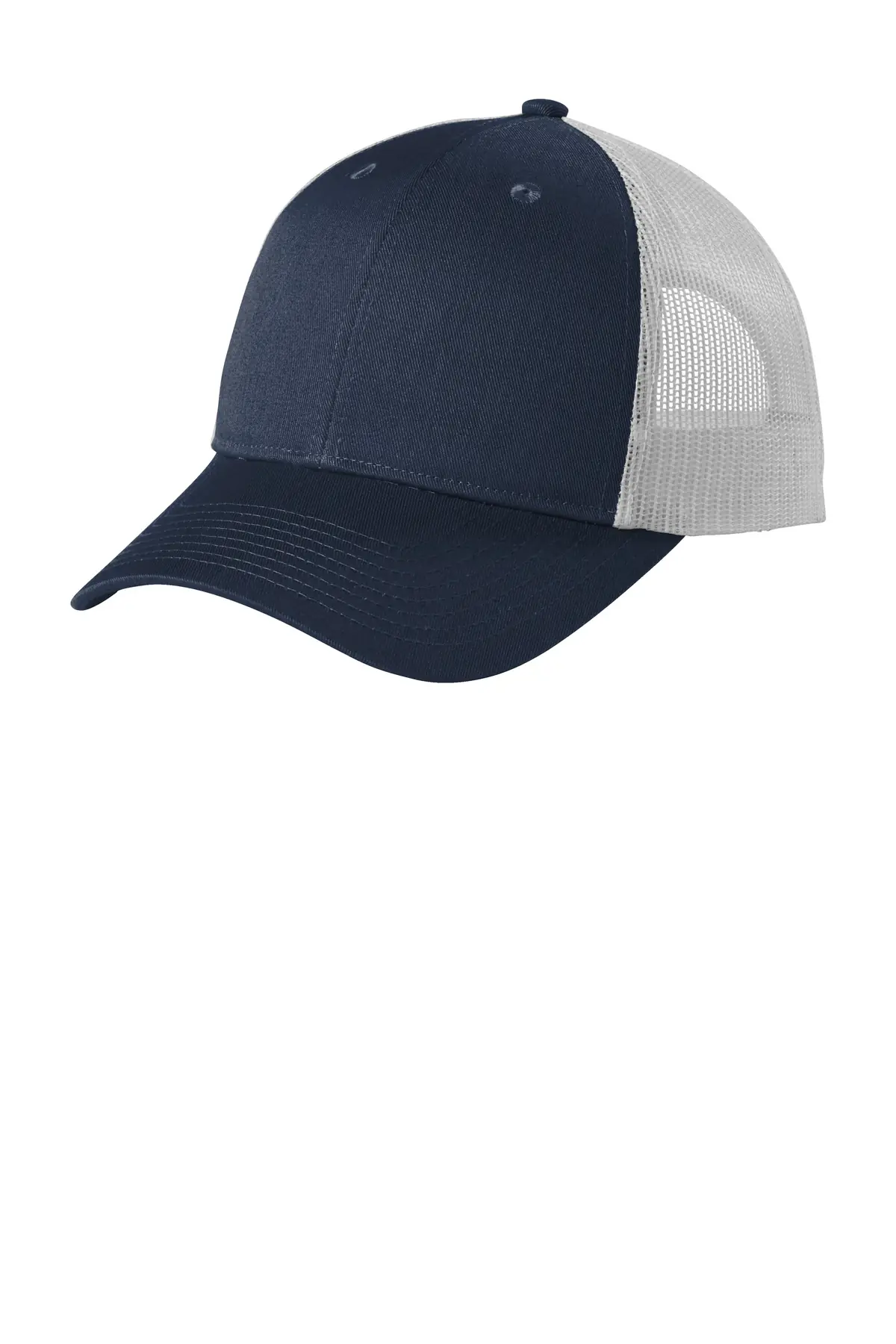 Port Authority Low-Profile Snapback Trucker Cap in Dress Blue Navy Heather/ Silver Mist
