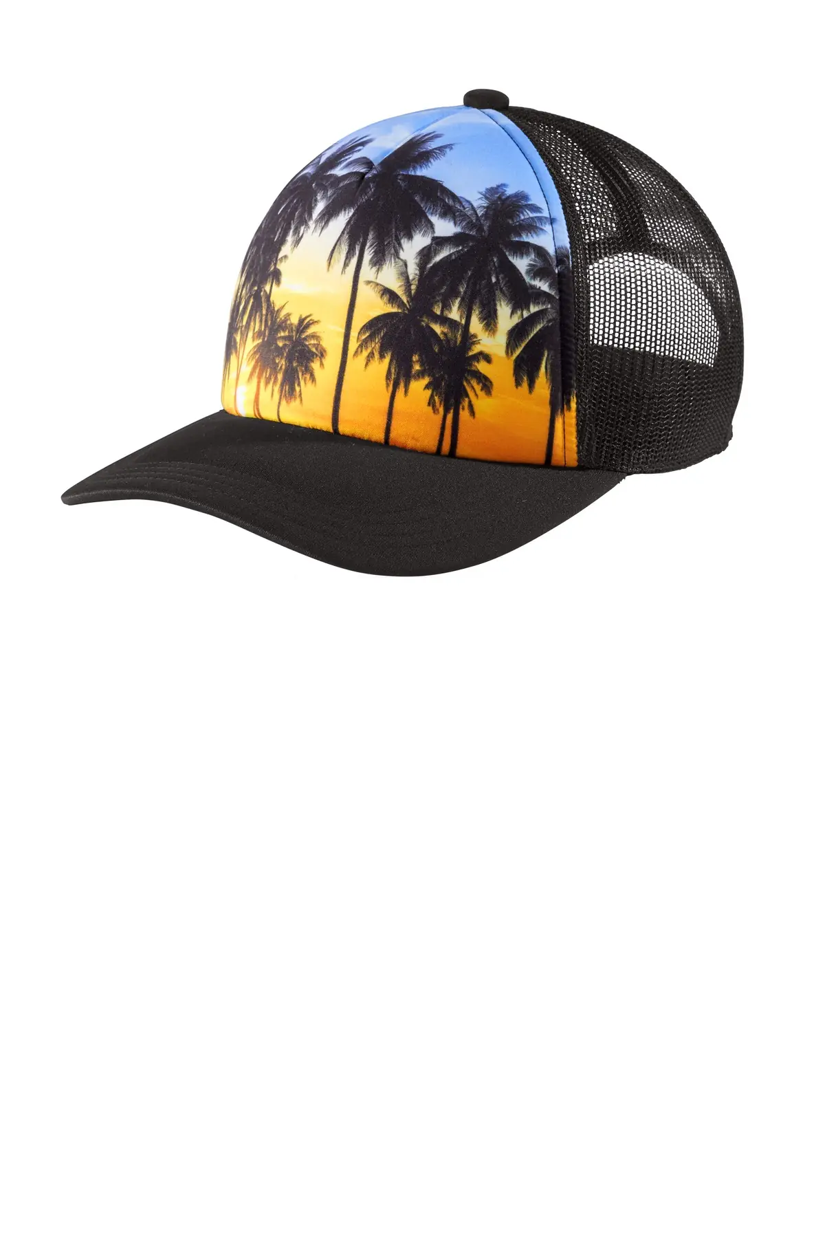 Port Authority Photo Real Snapback Trucker Cap in Palm Trees