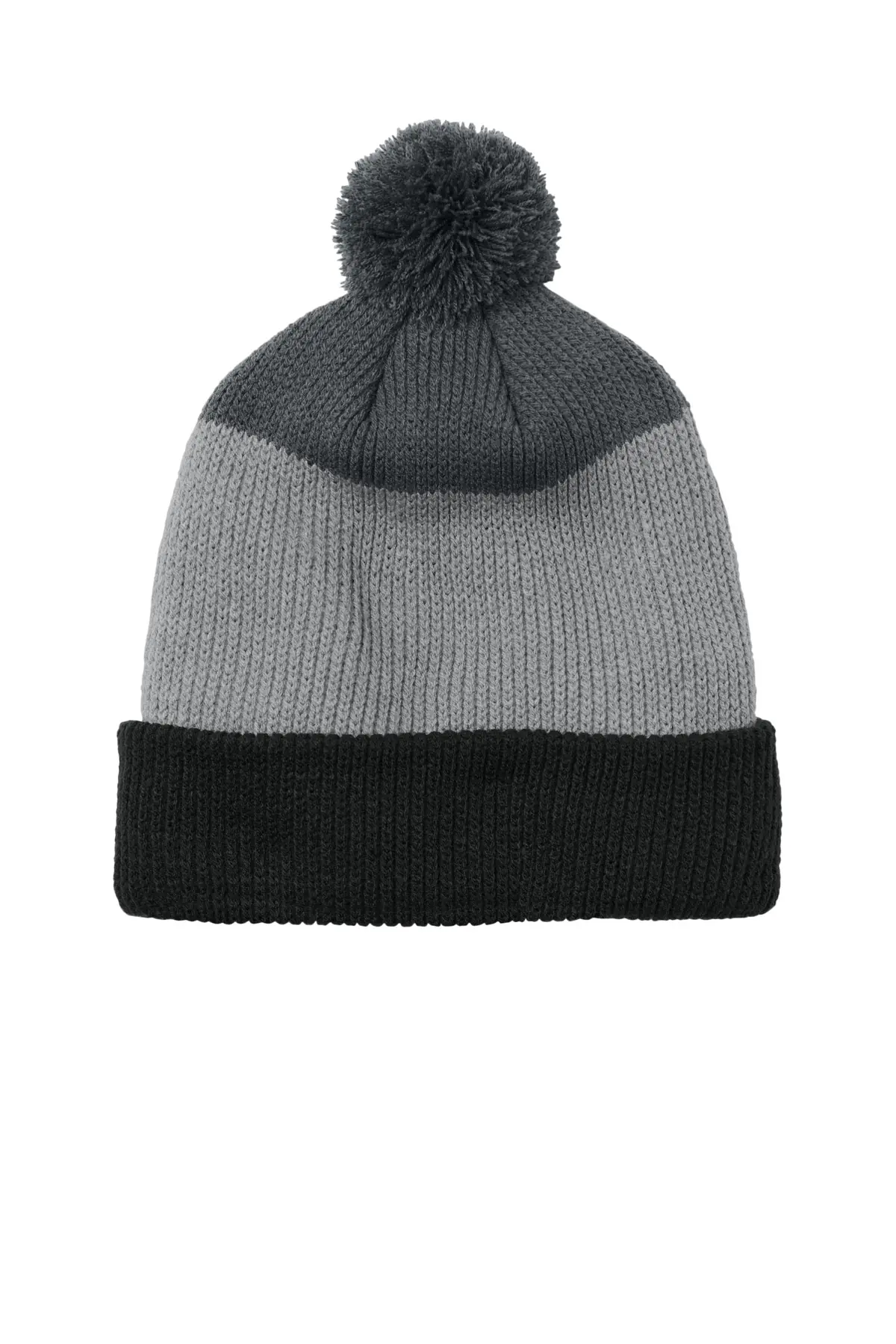 Port Authority Cozy Striped Pom Beanie in Deep Black/ Gusty Grey/ Storm Grey