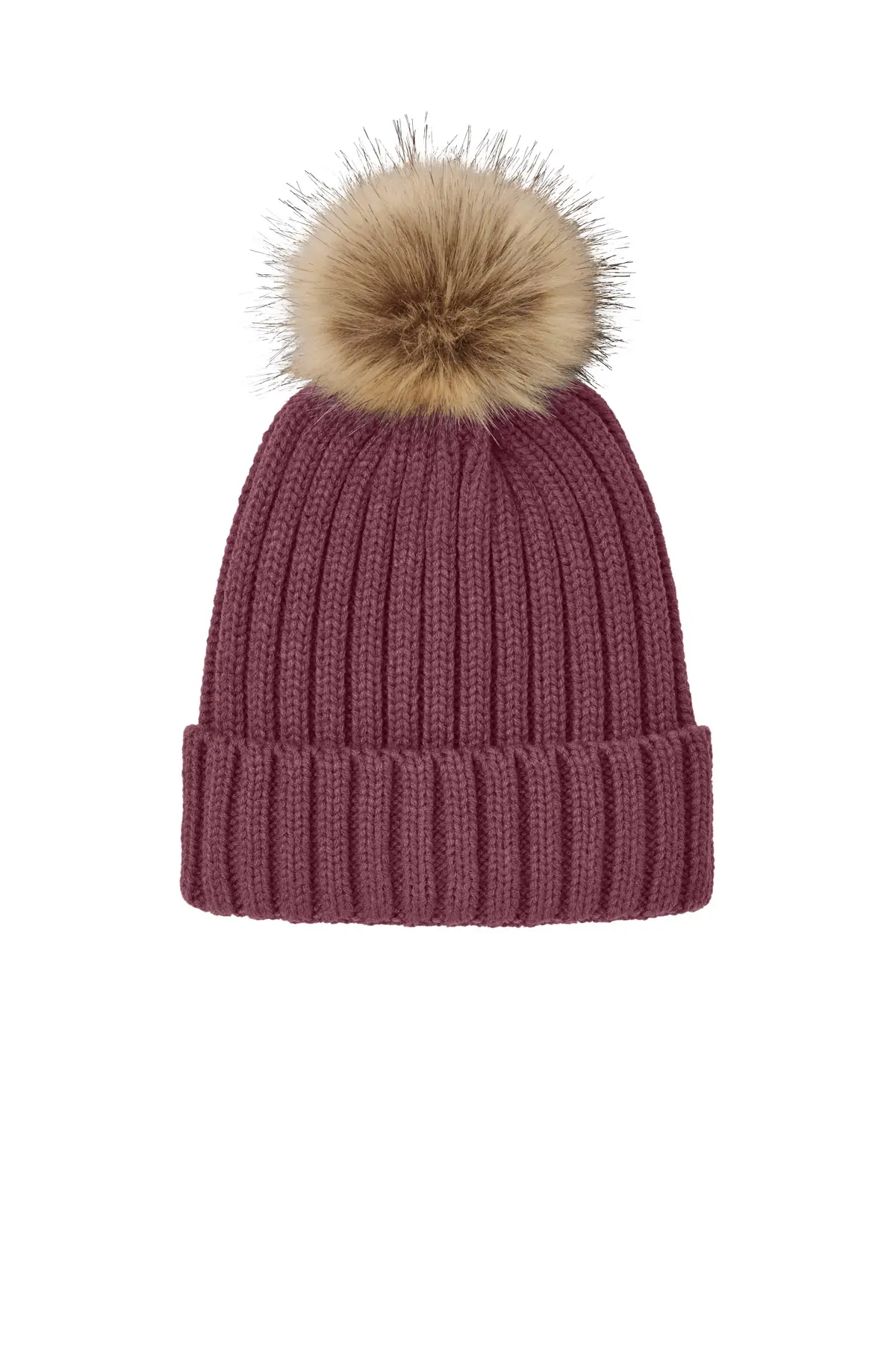 Port Authority Faux Fur Pom Beanie in Rosewood