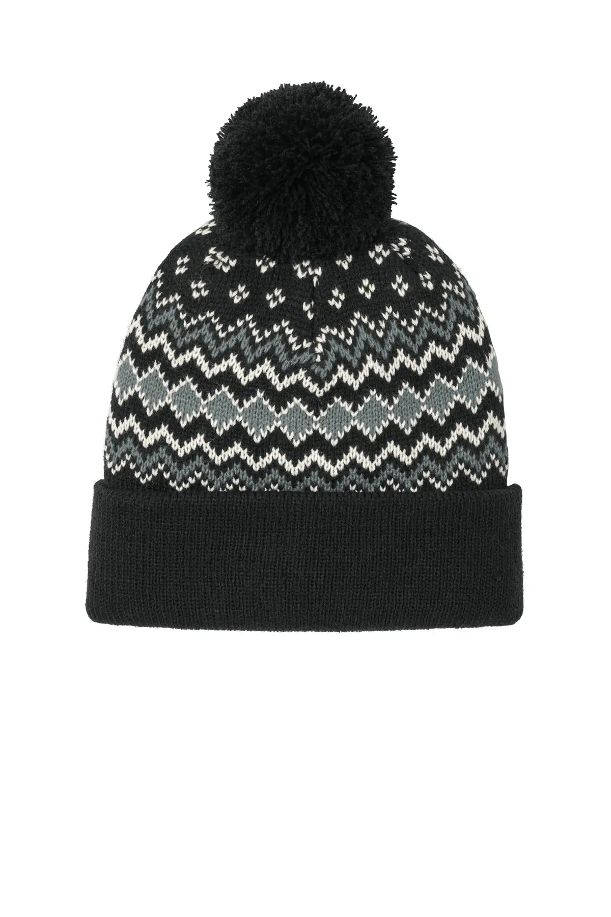 Port Authority Alpine Pom Beanie in Deep Black/ Gusty Grey/ Marshmallow