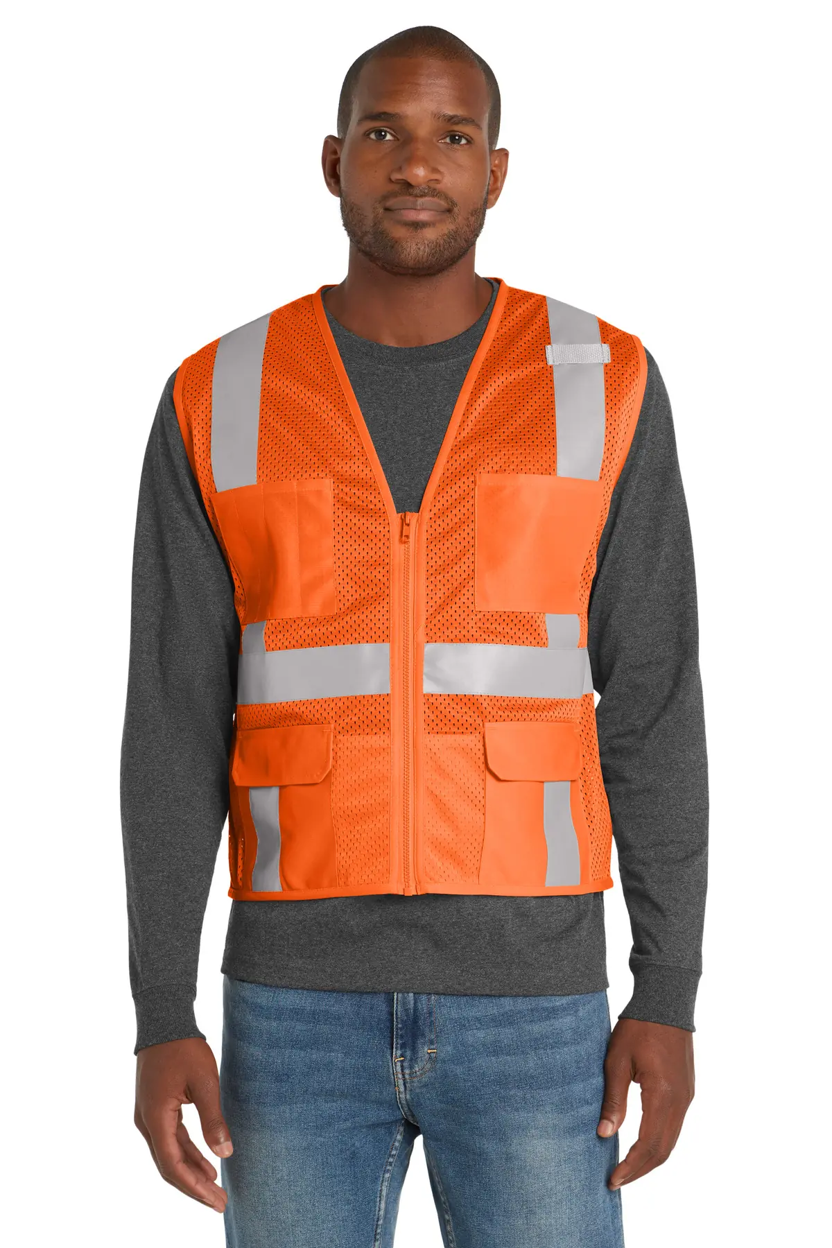 CornerStone ANSI 107 Class 2 Mesh Six-Pocket Zippered Vest. in Safety Orange