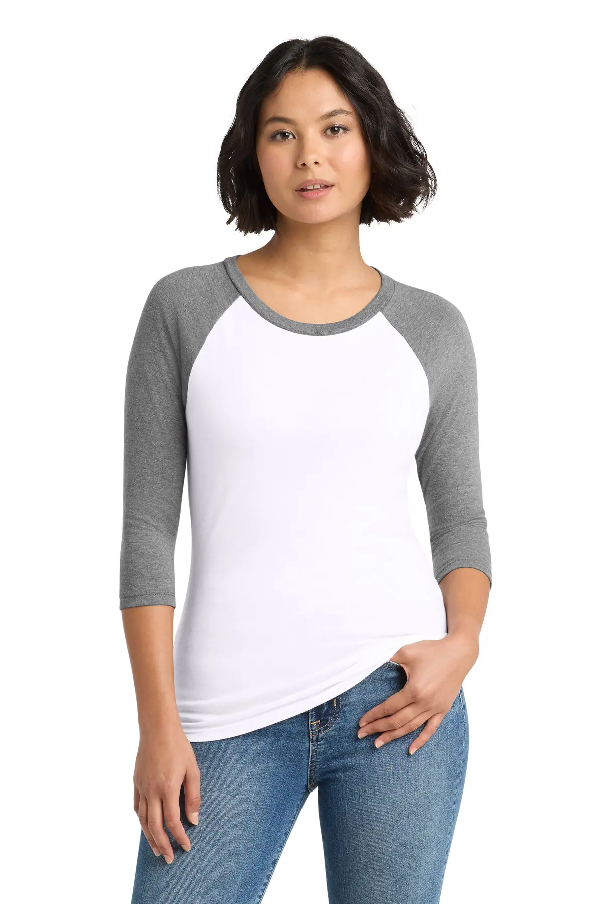 District Women's Perfect Tri 3/4-Sleeve Raglan. in Grey Frost/ White