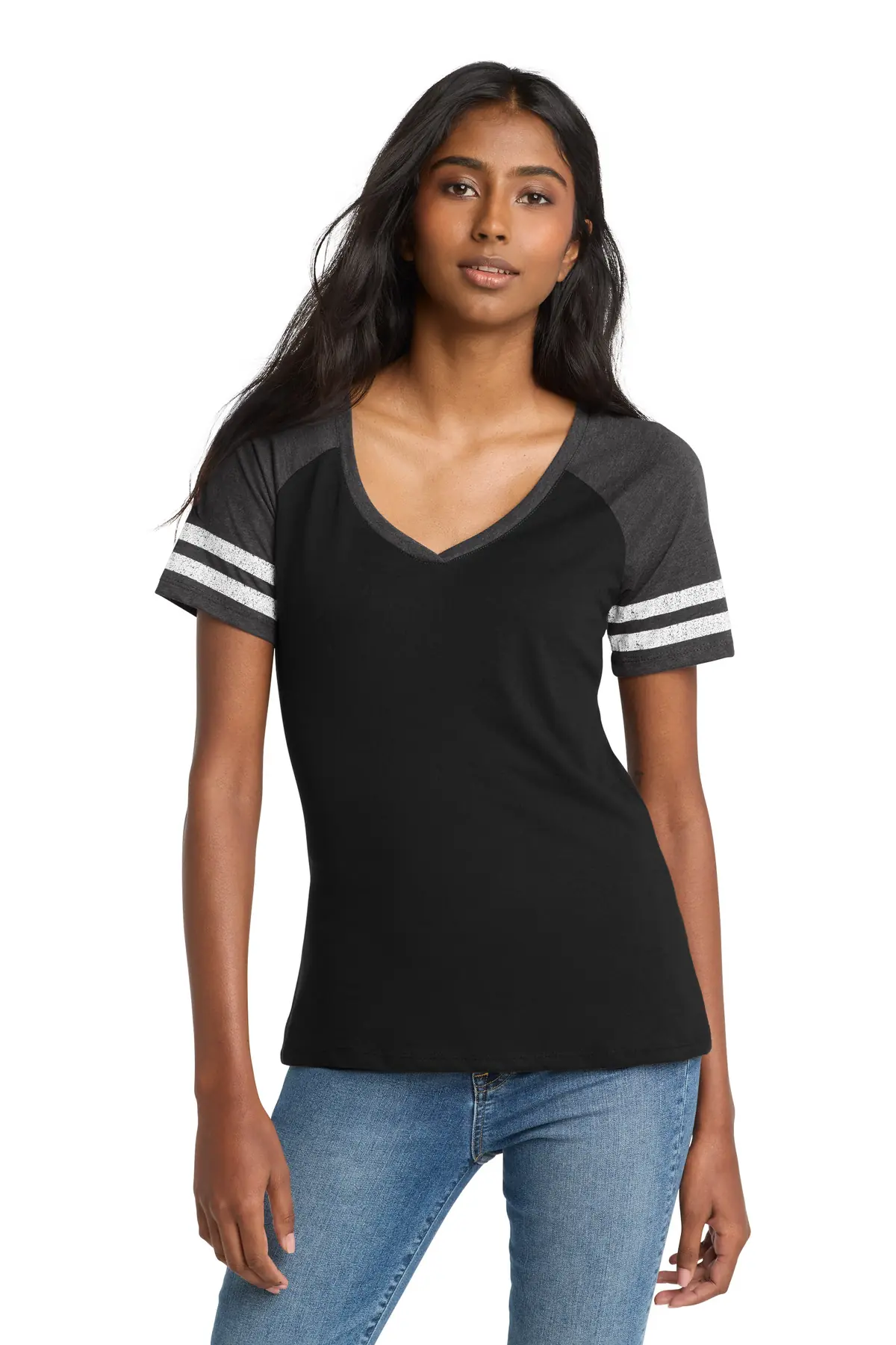 District Women's Game V-Neck Tee. in Black/ Heathered Charcoal