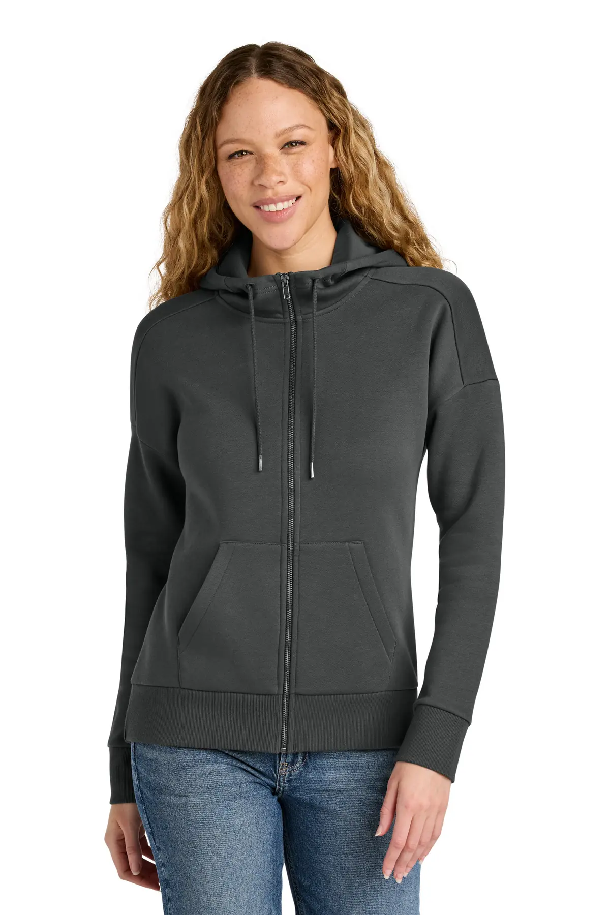 District Women's Perfect Weight Fleece Drop Shoulder Full-Zip Hoodie in Charcoal