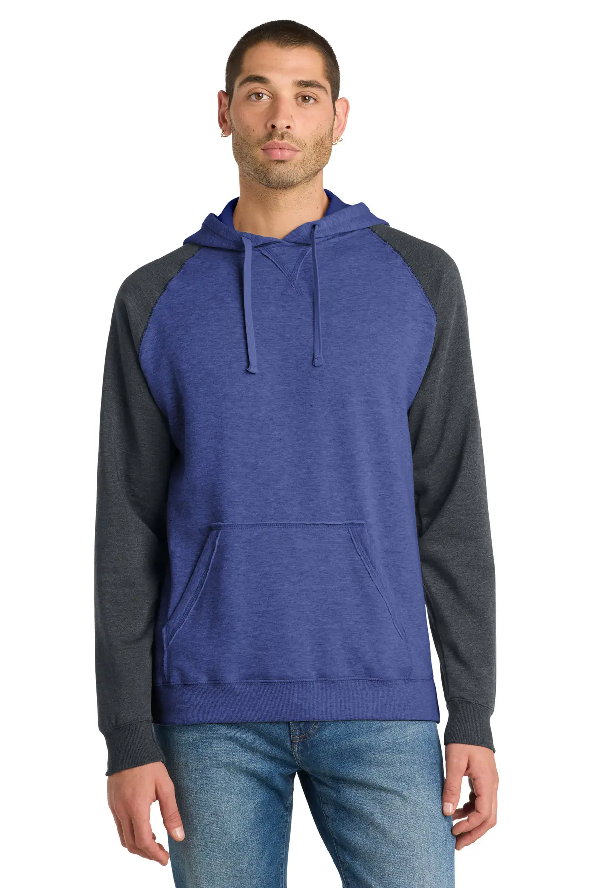 District Young Mens Lightweight Fleece Raglan Hoodie.