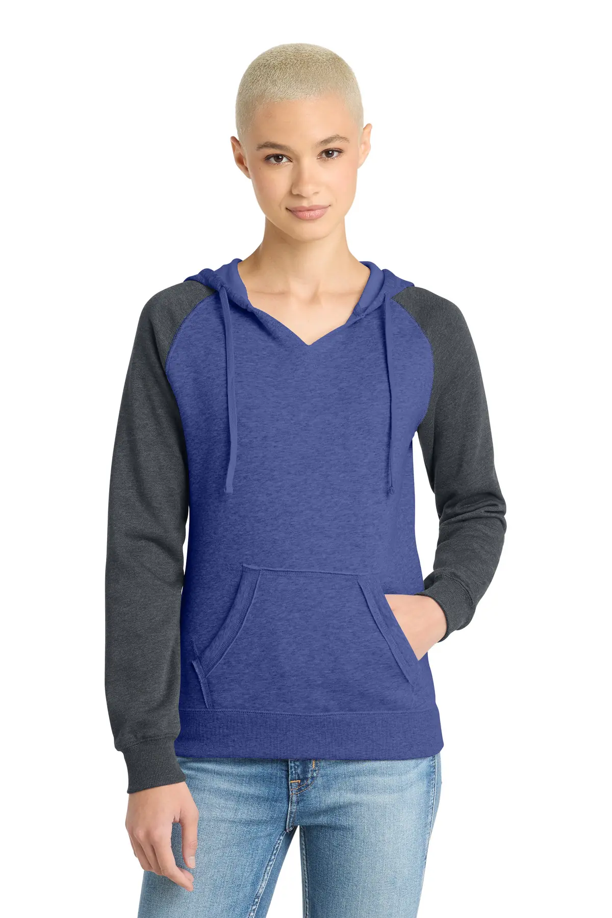 District Women's Lightweight Fleece Raglan Hoodie. in Heathered Deep Royal/ Heathered Charcoal