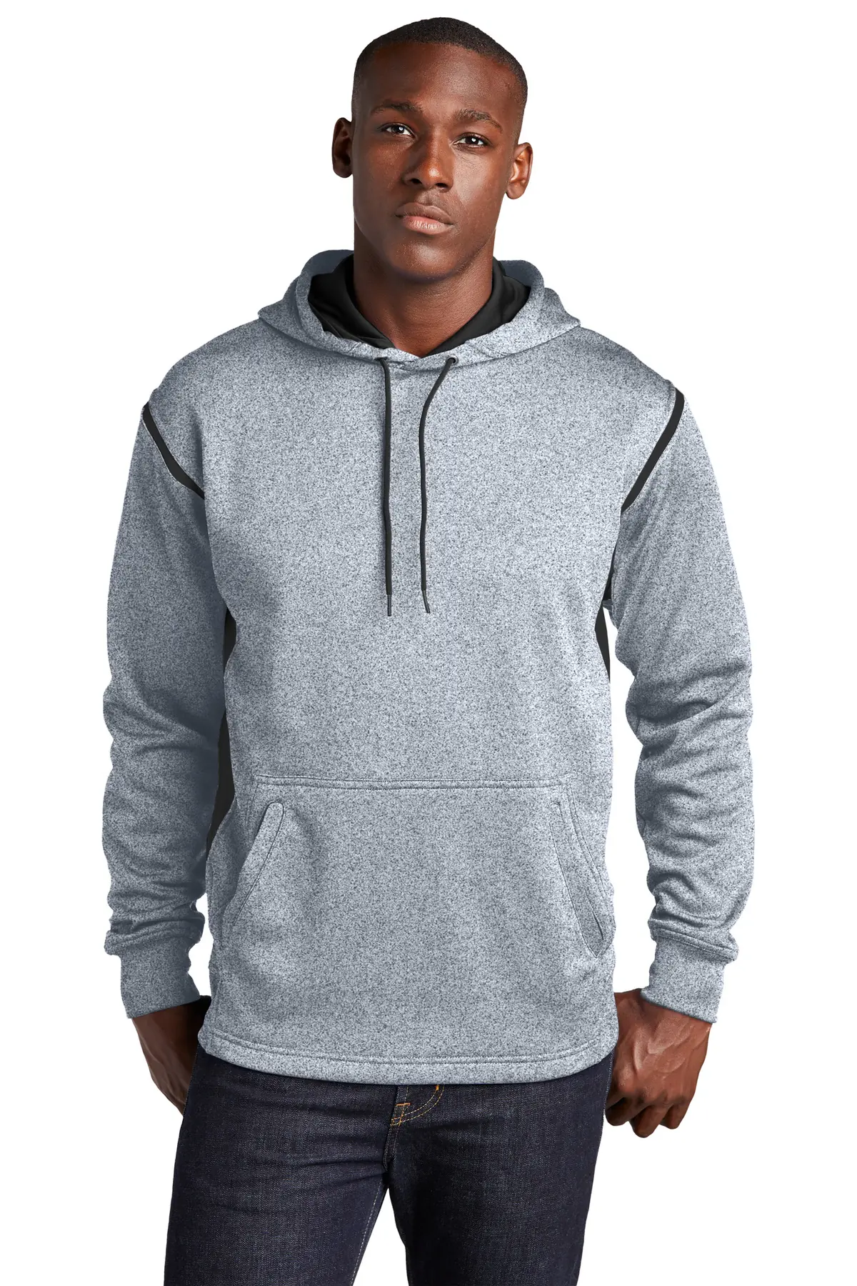 Sport-Tek Tech Fleece Colorblock Hooded Sweatshirt. in Grey Heather/ Black