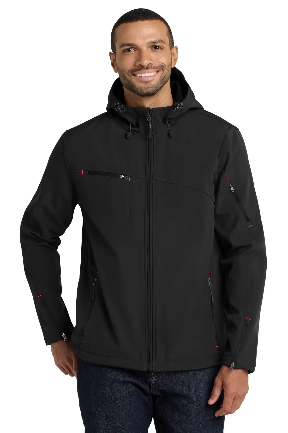 Port Authority Textured Hooded Soft Shell Jacket. in Black/ Engine Red