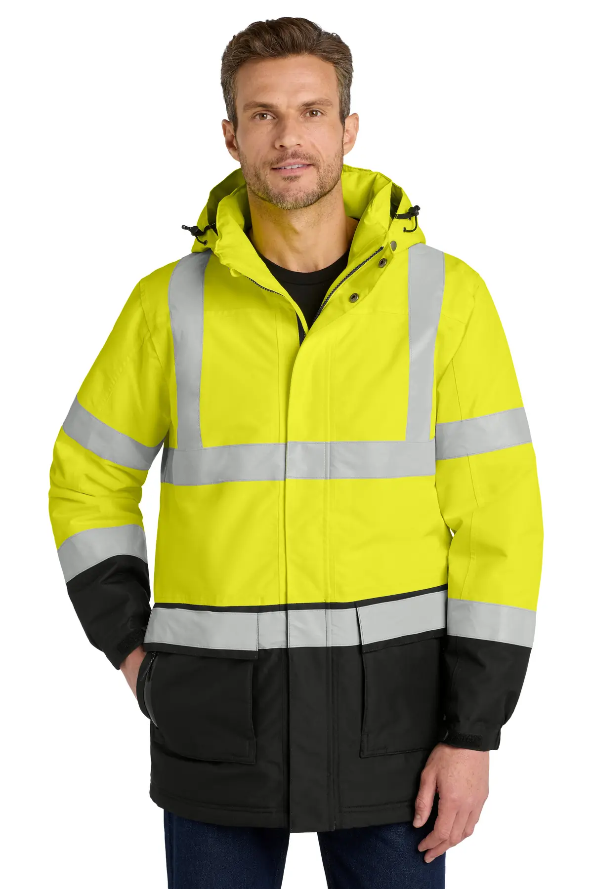 Port Authority ANSI 107 Class 3 Safety Heavyweight Parka. in Safety Yellow/ Black/ Reflective