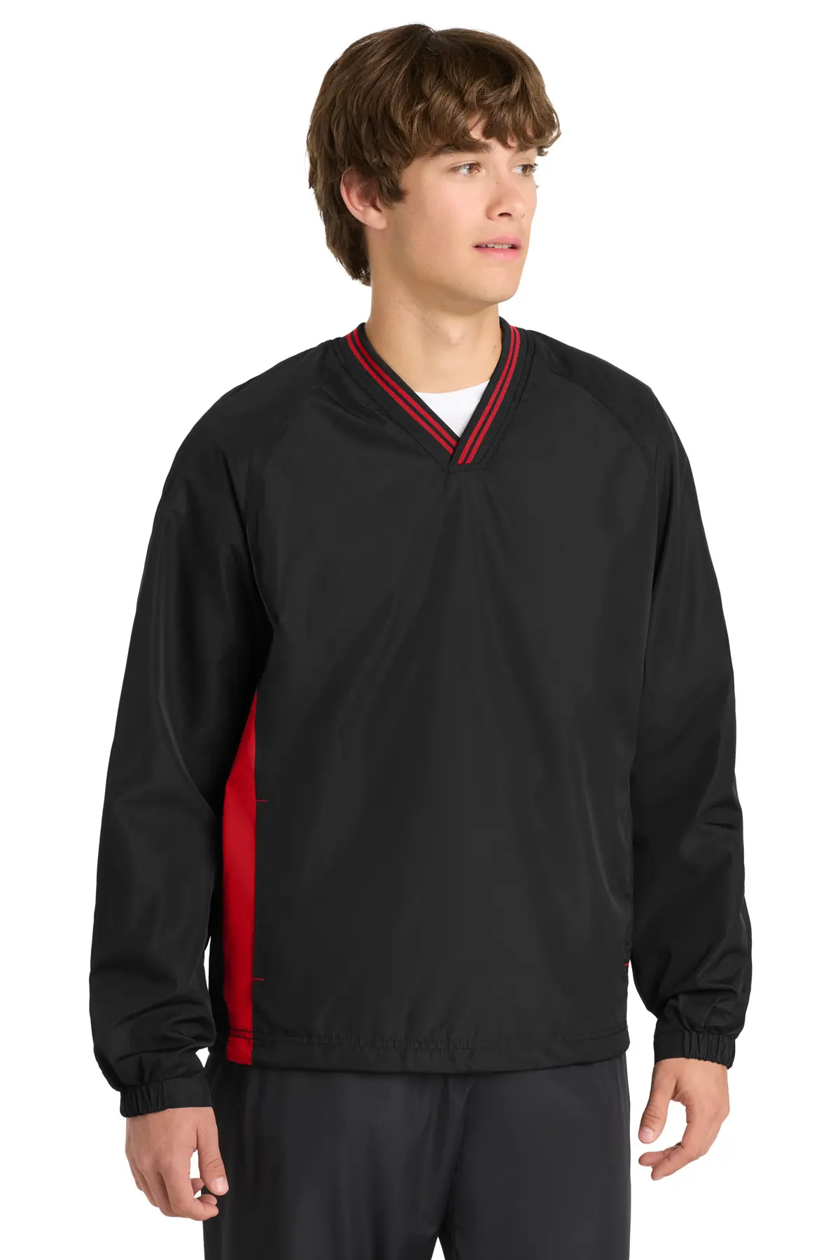 Sport-Tek Tipped V-Neck Raglan Wind Shirt. in Black/ True Red