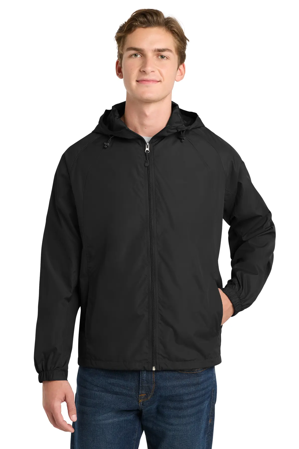 Sport-Tek Hooded Raglan Jacket. in Black