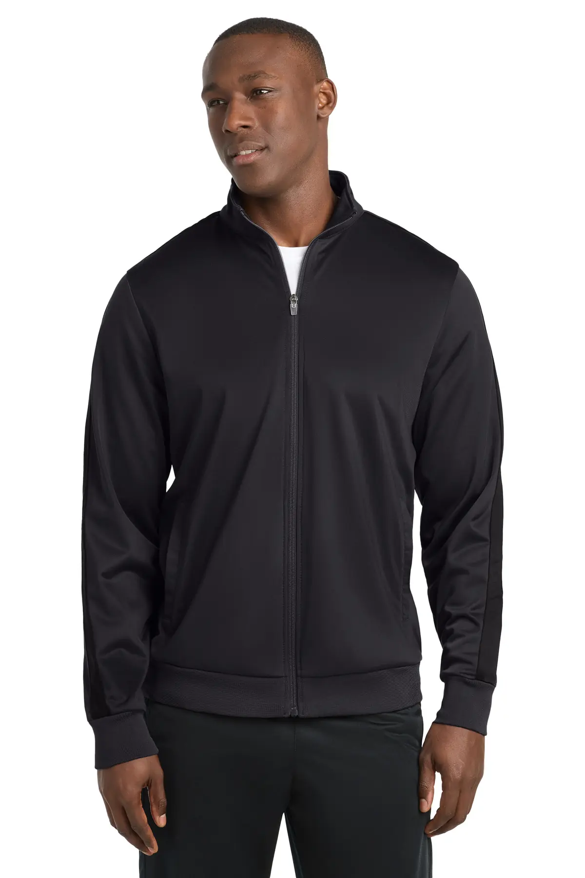 Sport-Tek Tricot Sleeve Stripe Track Jacket. in Black/ Black