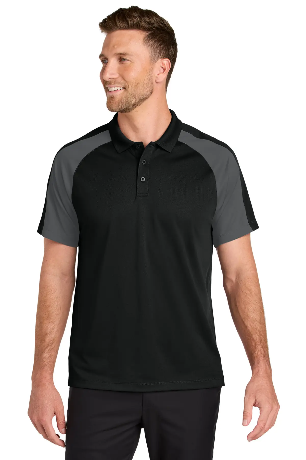 Port Authority Wearever Performance Pique Colorblock Polo in Deep Black/ Storm Grey