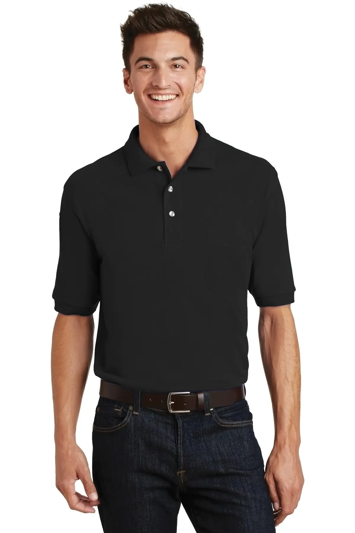Port Authority Heavyweight Cotton Pique Polo with Pocket. in Black