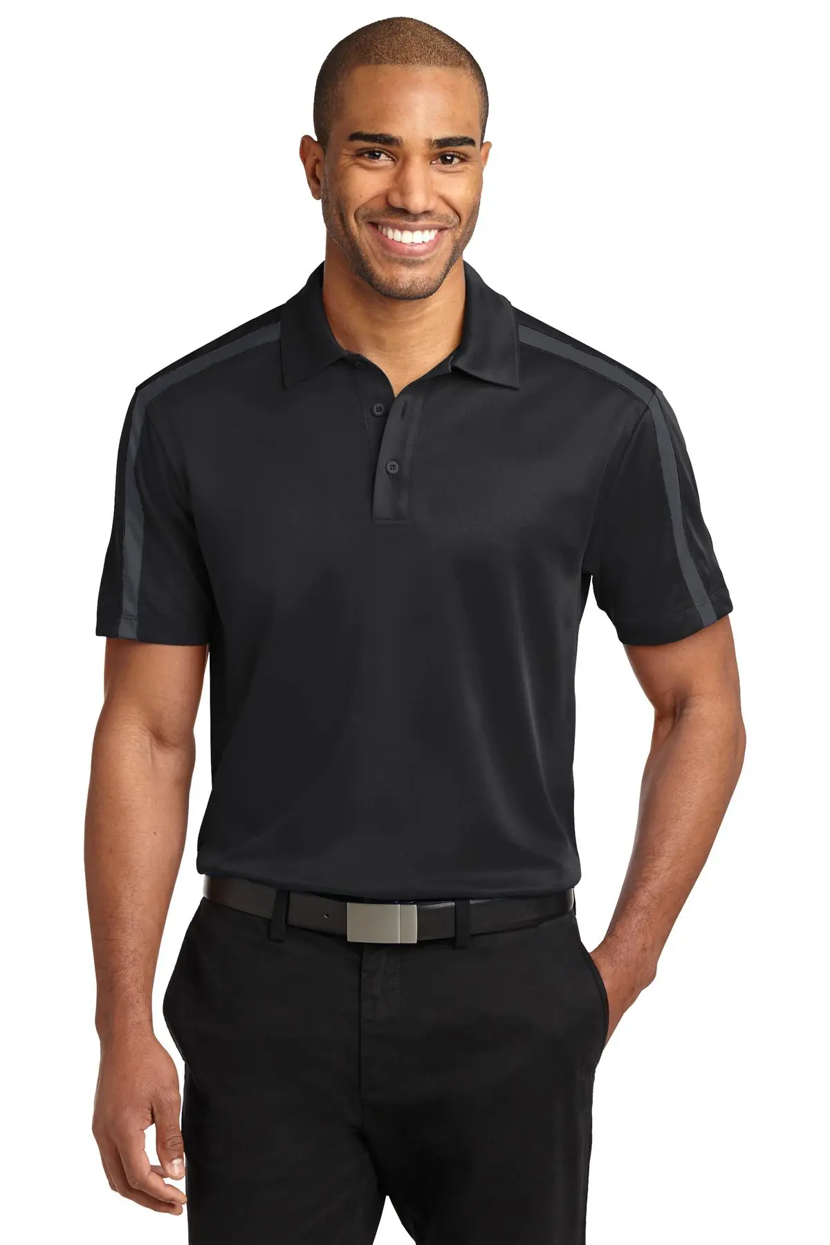 Port Authority Silk Touch Performance Colorblock Stripe Polo. in Black/ Steel Grey
