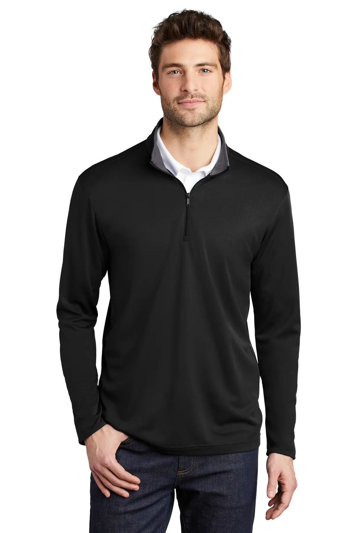 Port Authority Silk Touch Performance 1/4-Zip in Black/ Steel Grey