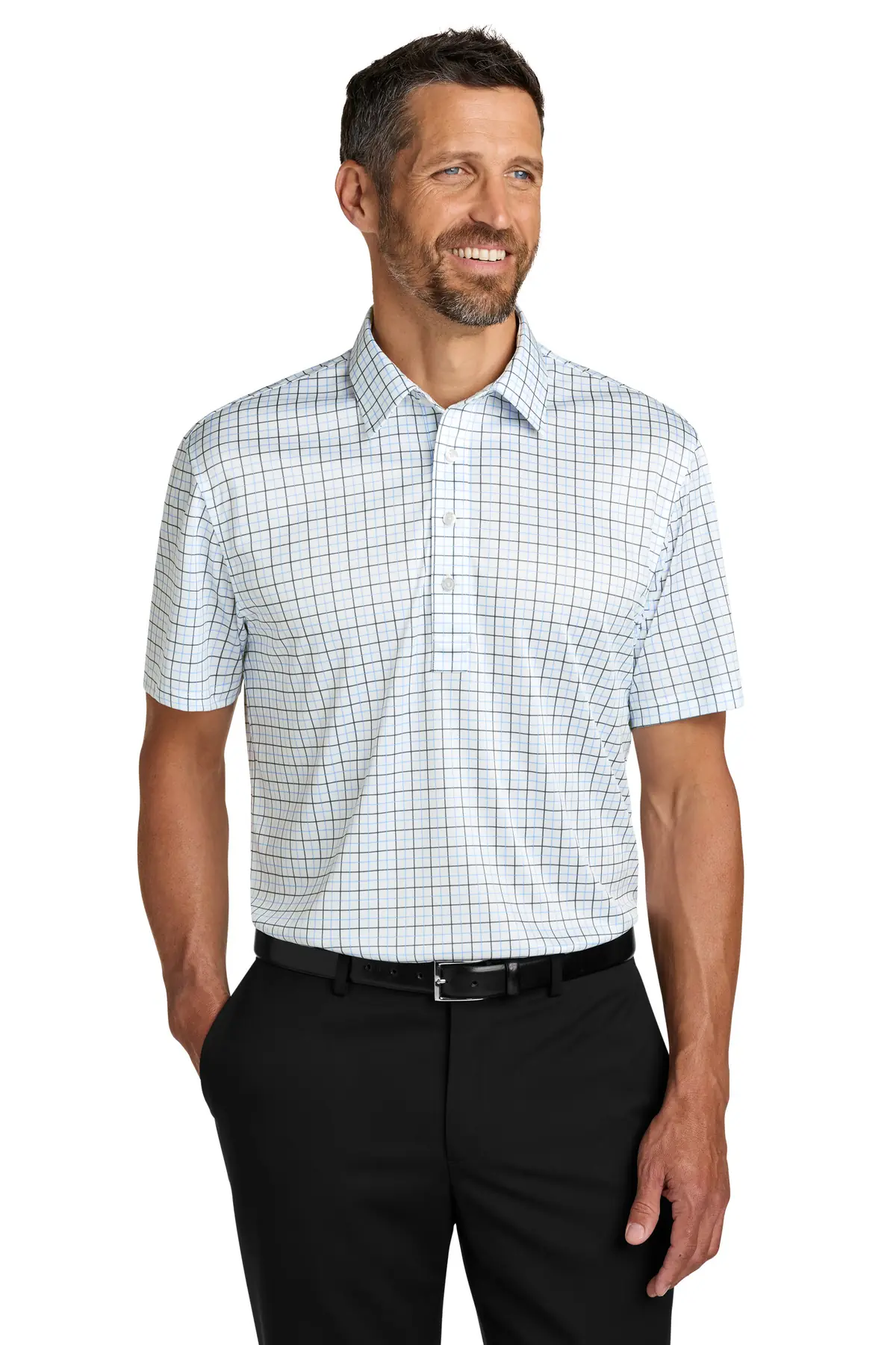 Port Authority Shirt Collar Polo in Black/ Carolina Blue Check