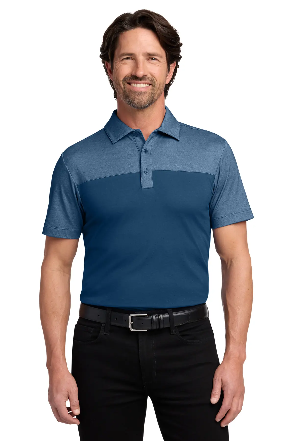 Port Authority Fine Pique Blend Blocked Polo in Aegean Blue/ Aegean Blue Heather