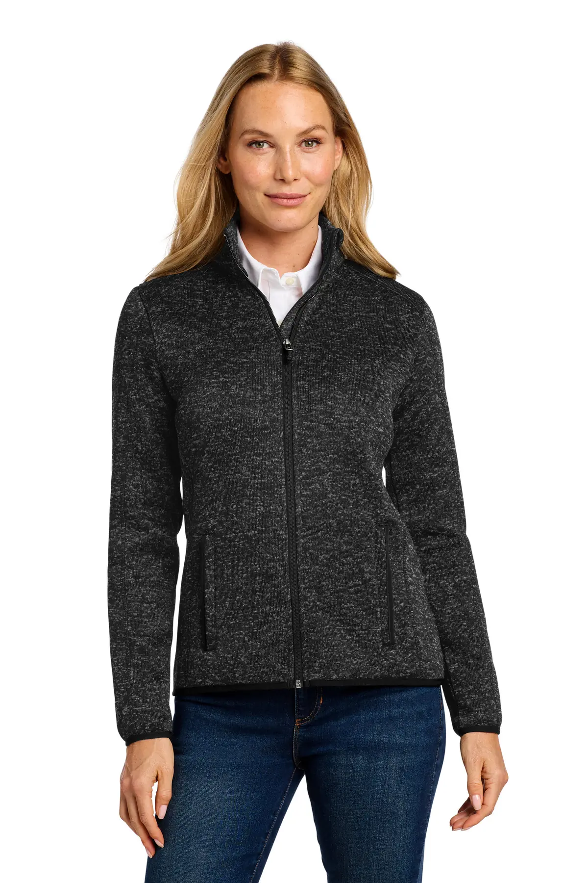 Port Authority Women's Sweater Fleece Jacket. in Black Heather