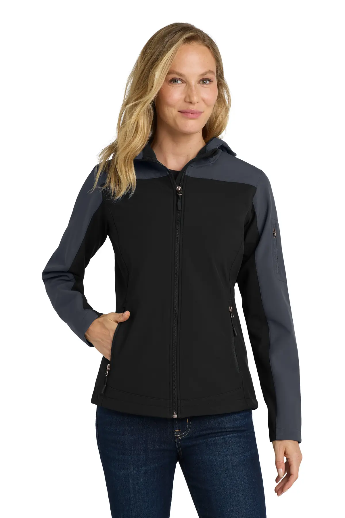 Port Authority Women's Hooded Core Soft Shell Jacket. in Black/ Battleship Grey