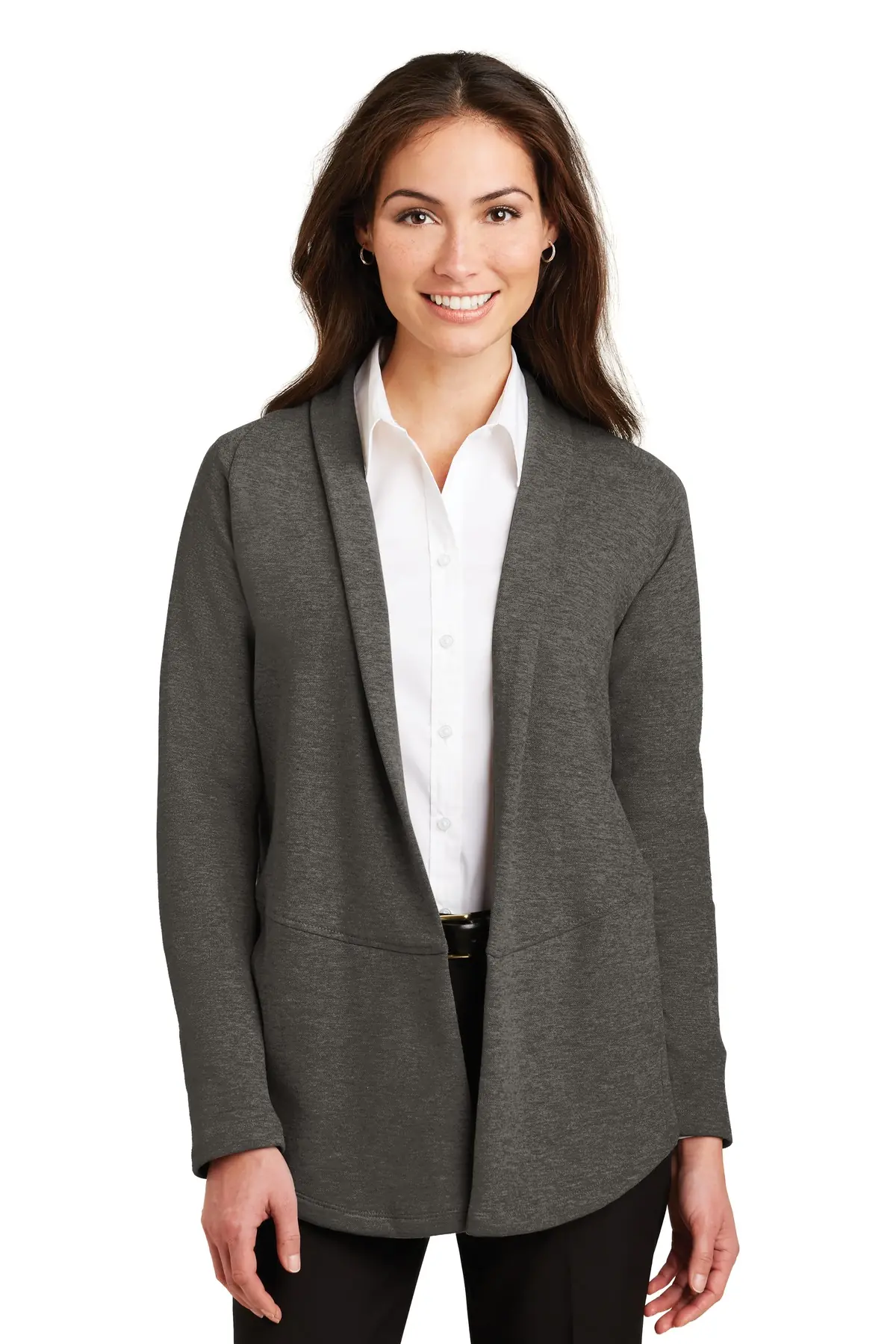 Port Authority Women's Interlock Cardigan. in Charcoal Heather/ Medium Heather Grey