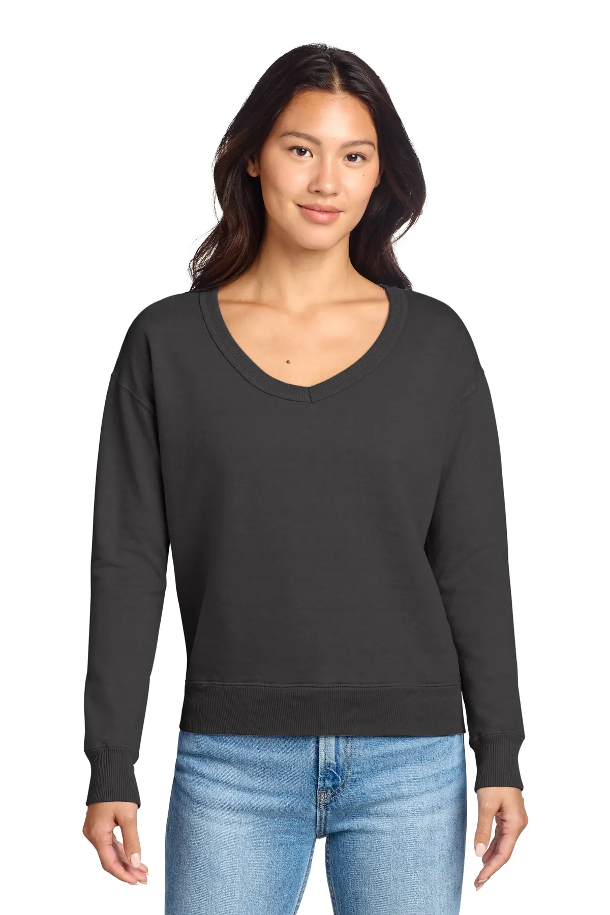 Port & Co Women's Beach Wash Garment-Dyed V-Neck Sweatshirt in Coal