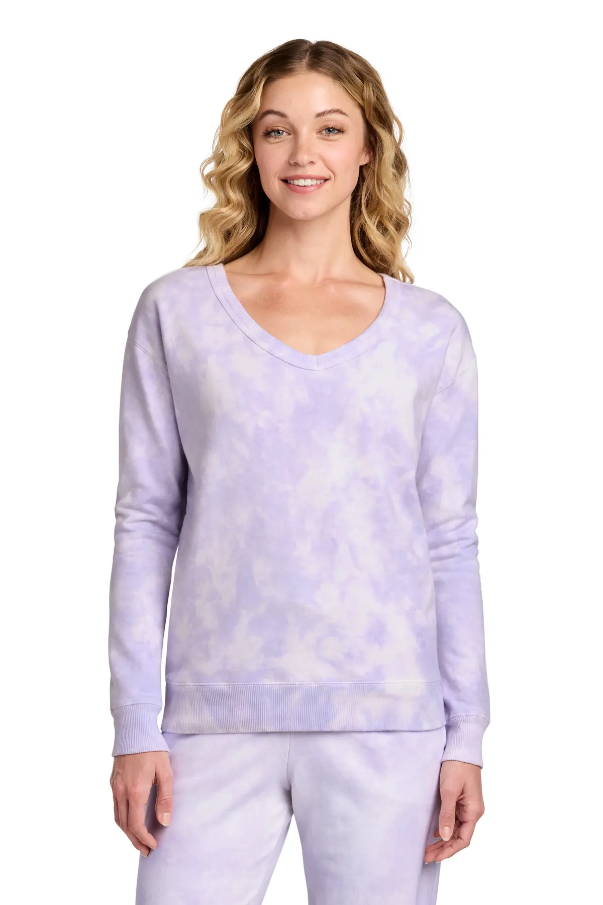 Port & Co Women's Beach Wash Cloud Tie-Dye V-Neck Sweatshirt in Amethyst