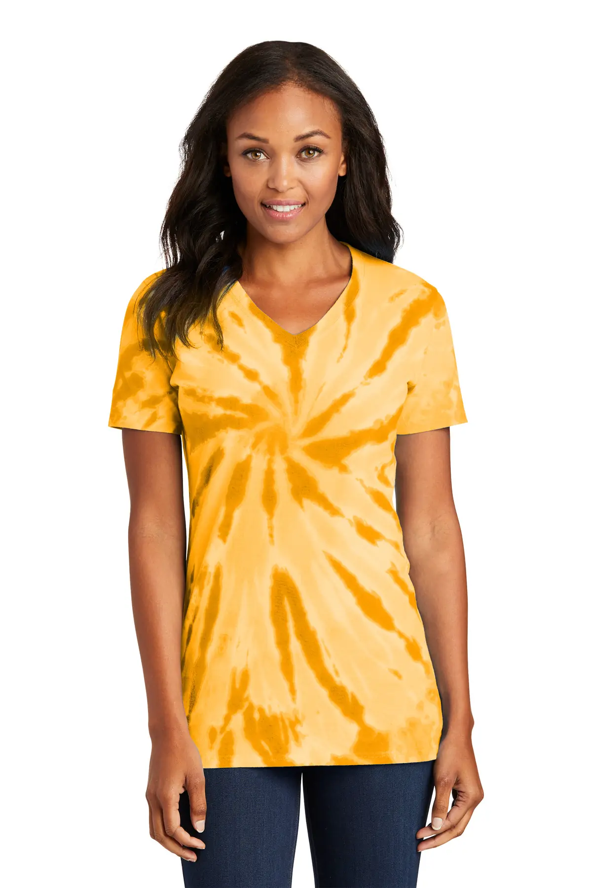 Port & Co Women's Tie-Dye V-Neck Tee. in Gold