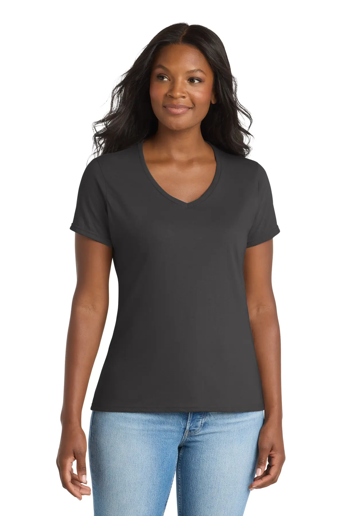 Port & Co Women's Performance Blend V-Neck Tee. in Charcoal