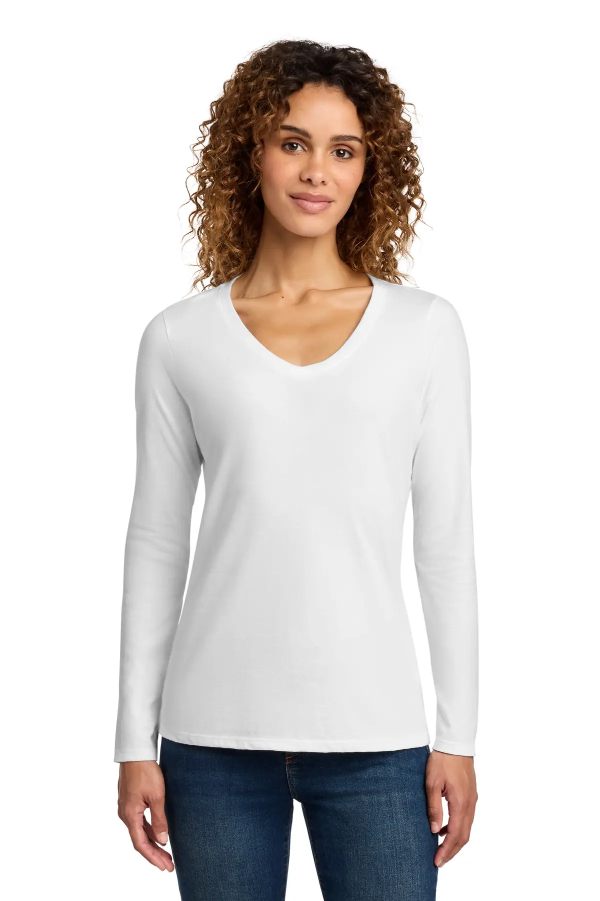 Port & Co Women's Long Sleeve Fan Favorite V-Neck Tee. in White