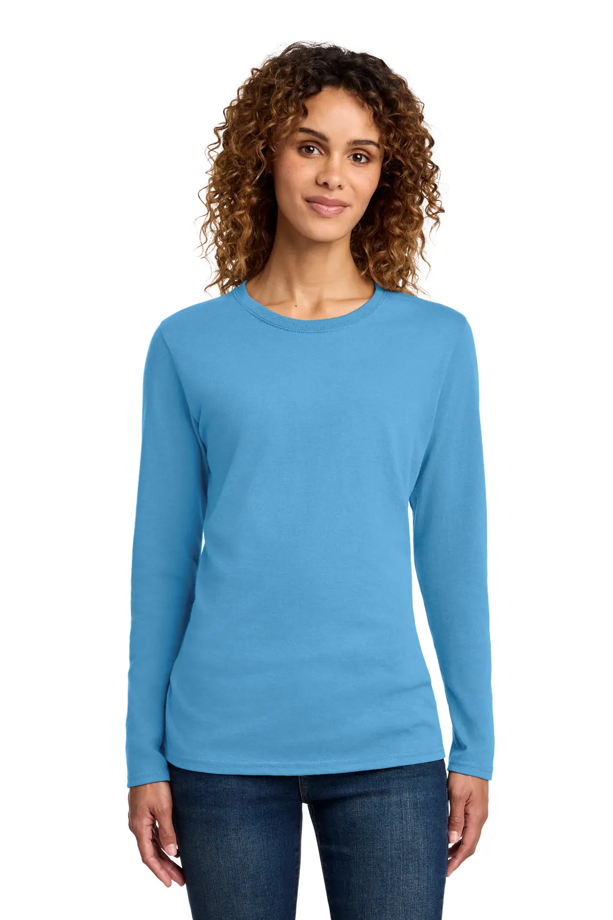 Port & Co Women's Long Sleeve Core Cotton Tee. in Aquatic Blue