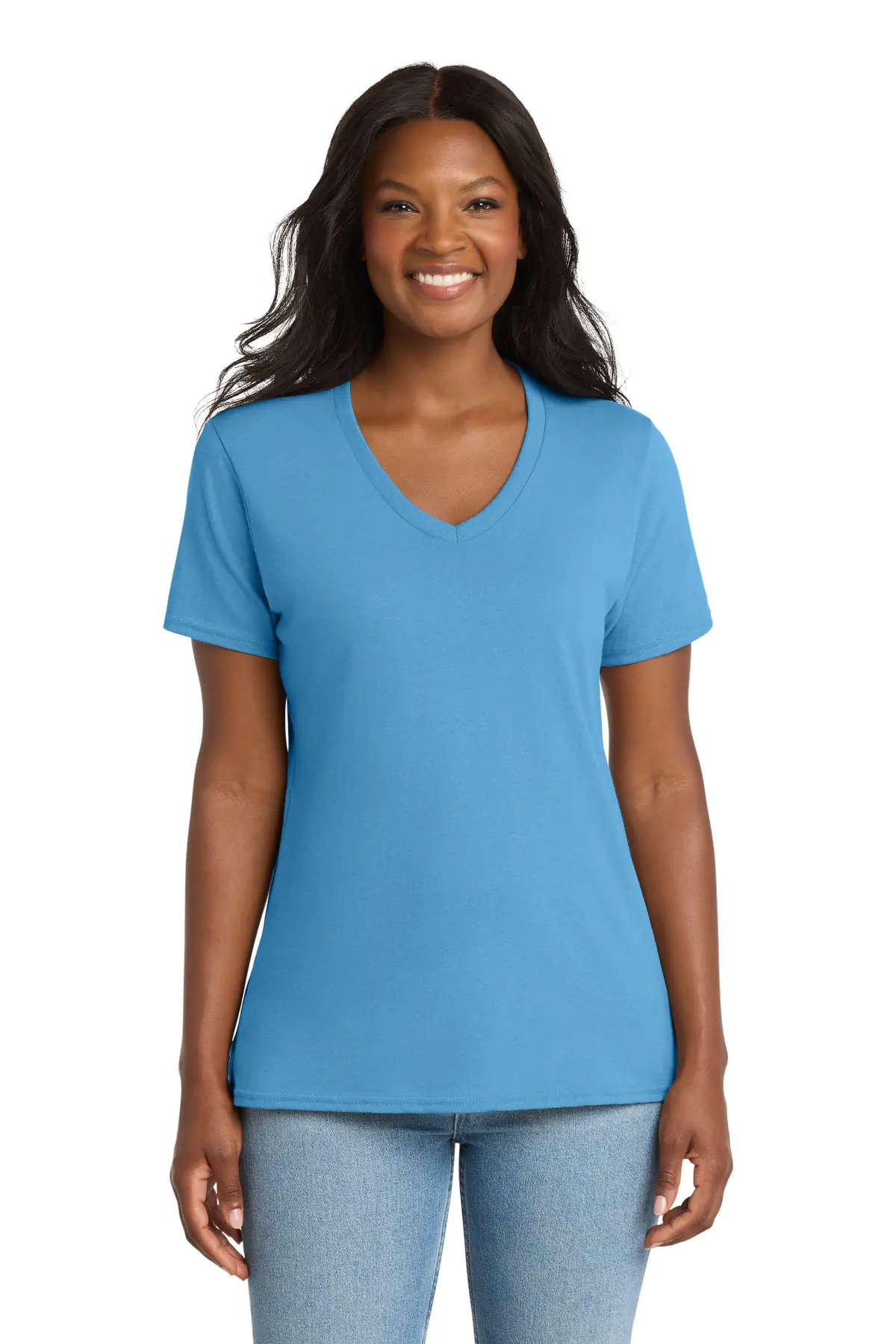 Port & Co Women's Core Cotton V-Neck Tee. in Aquatic Blue