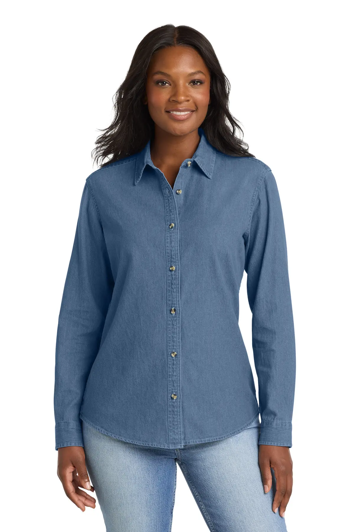 Port & Co Women's Long Sleeve Value Denim Shirt. in Faded Blue