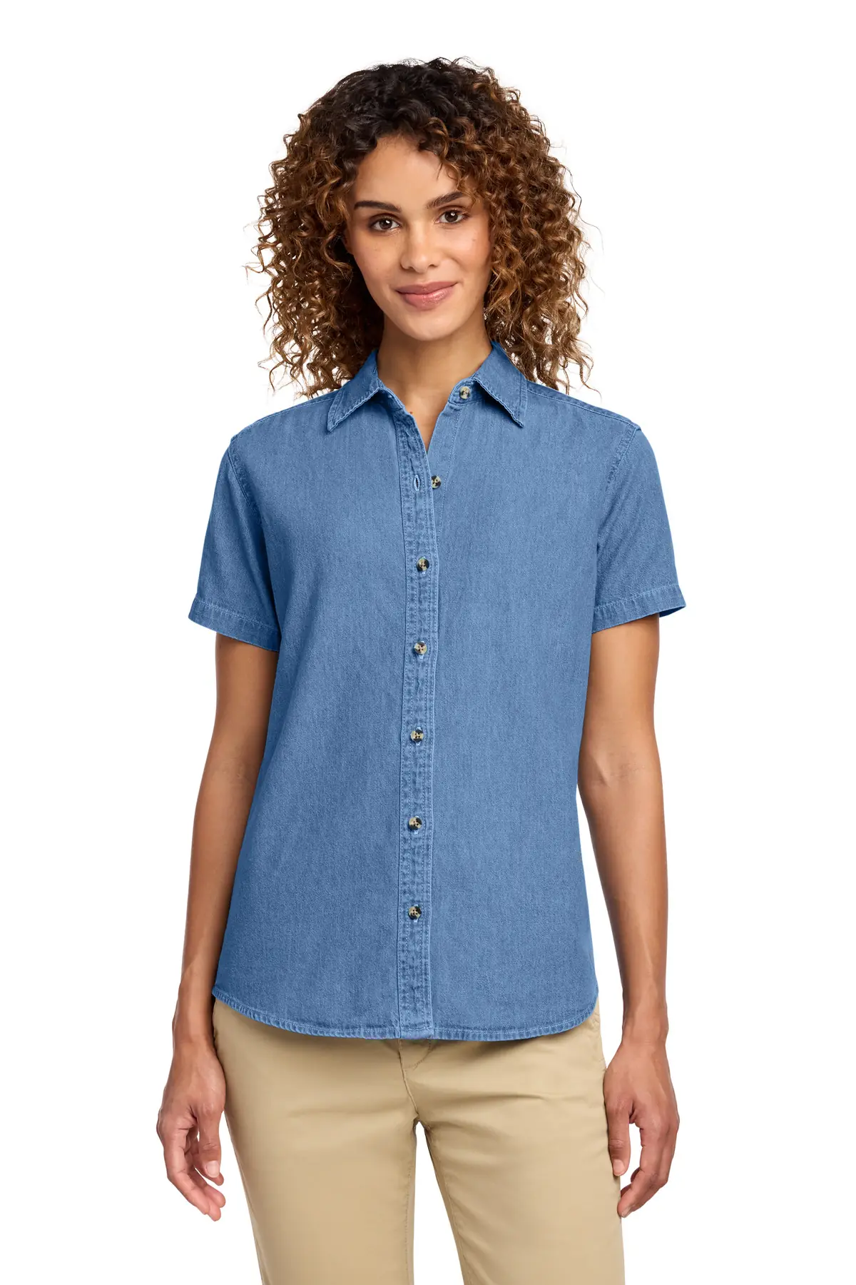 Port & Co Women's Short Sleeve Value Denim Shirt. in Faded Blue