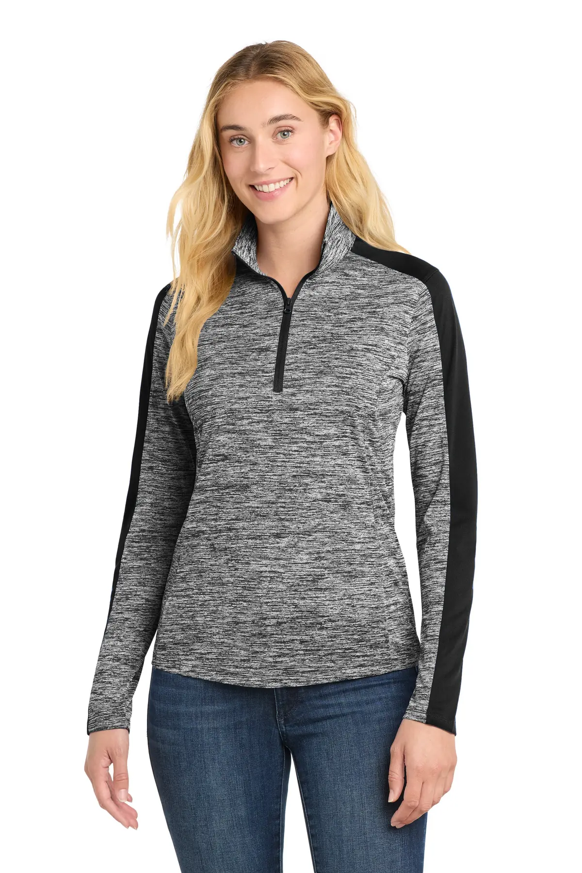 Sport-Tek Women's PosiCharge Electric Heather Colorblock 1/4-Zip Pullover.
