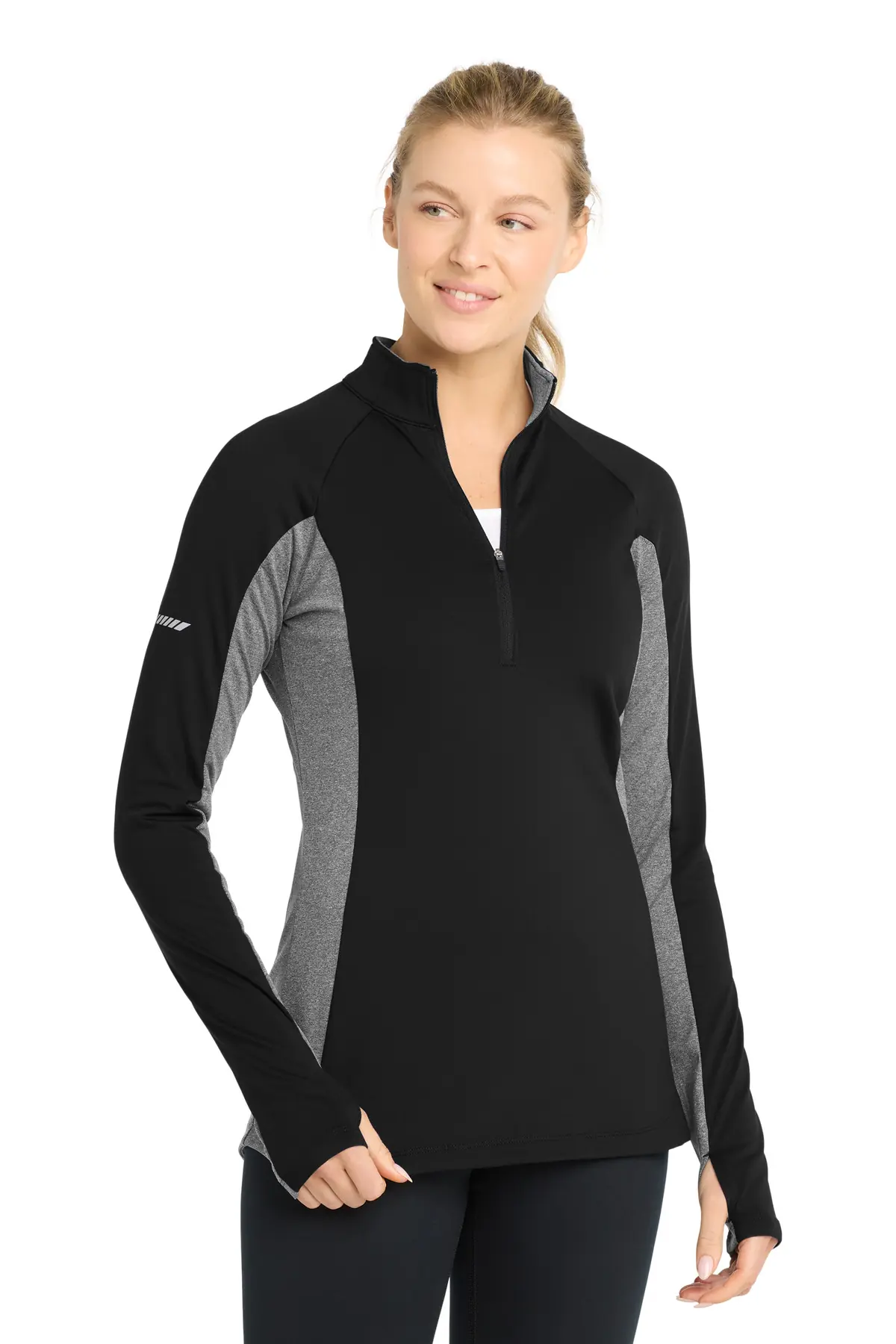 Sport-Tek Women's Sport-Wick Stretch Contrast 1/4-Zip Pullover. in Black/ Charcoal Grey Heather