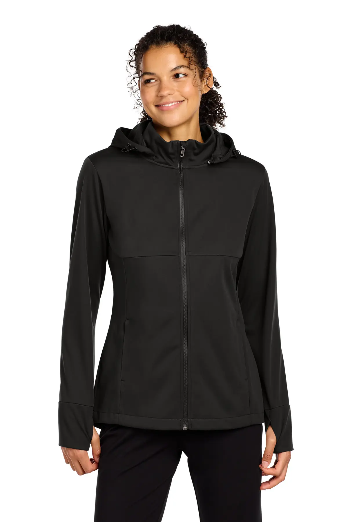 Sport-Tek Women's Hooded Soft Shell Jacket in Deep Black