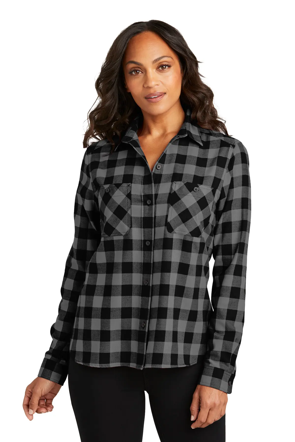 Port Authority Women's Plaid Flannel Shirt in Grey/ Black Buffalo Check