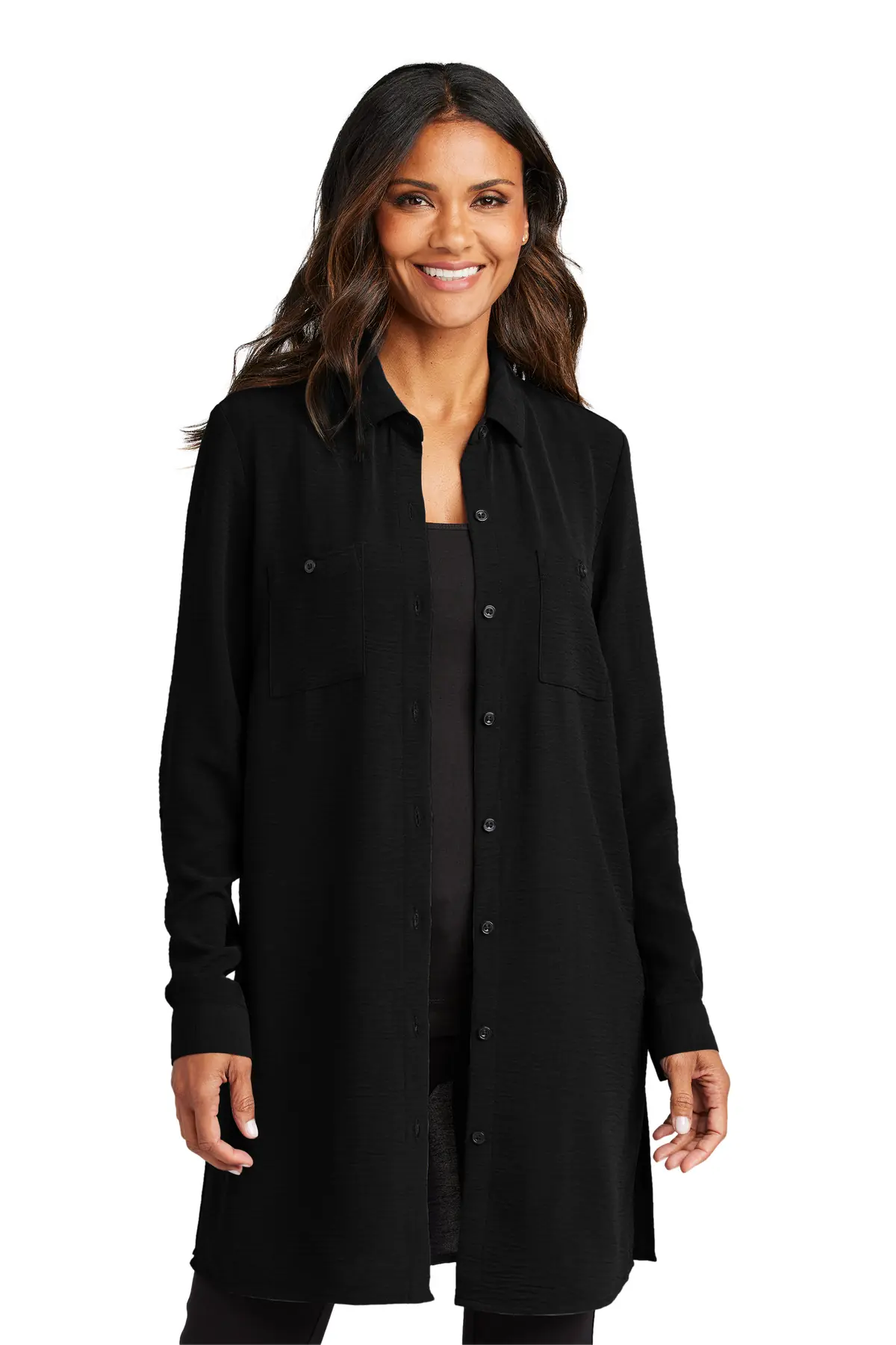 Port Authority Women's Textured Crepe Long Tunic in Deep Black