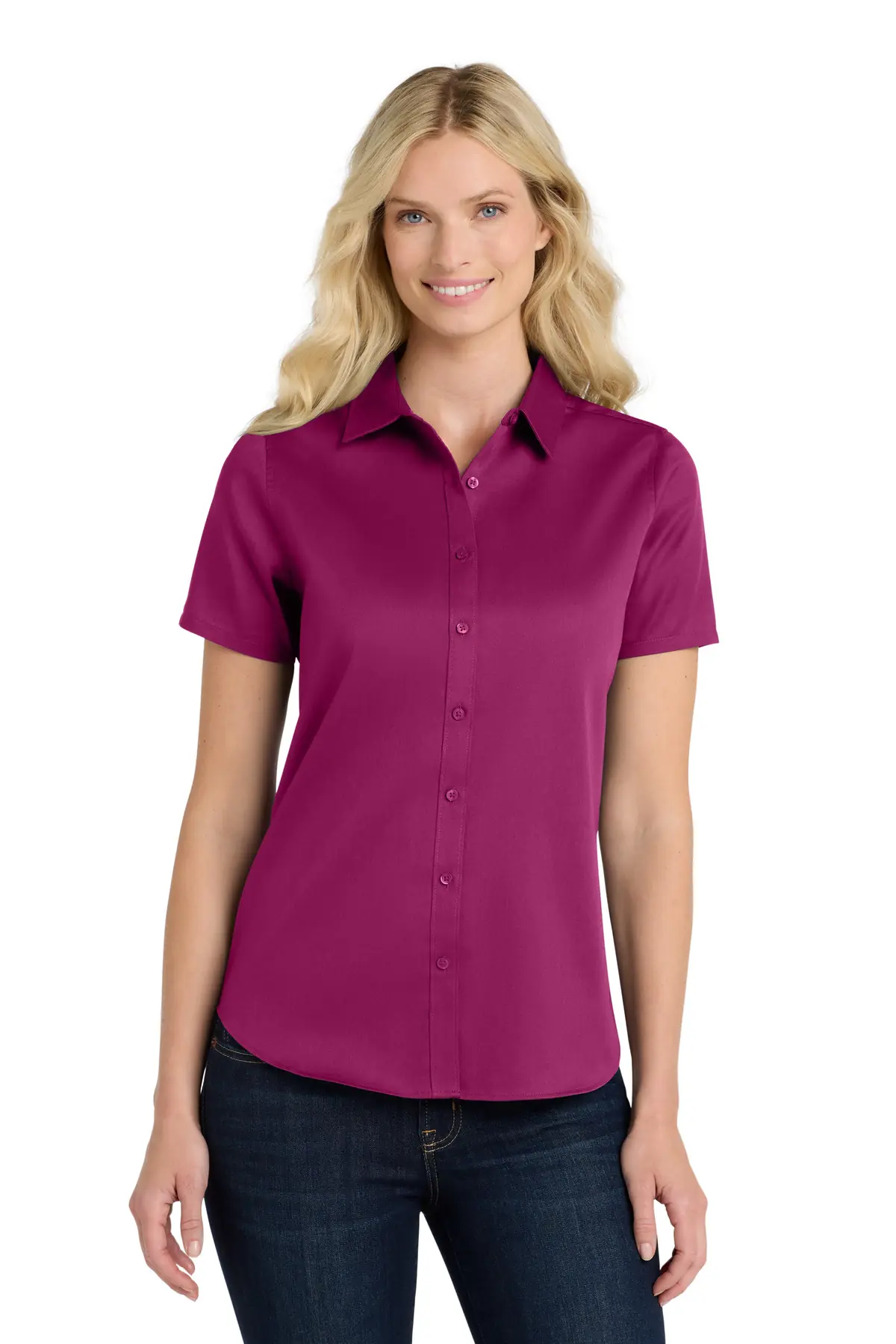 Port Authority Women's Short Sleeve SuperPro ReactTwill Shirt. in Wild Berry